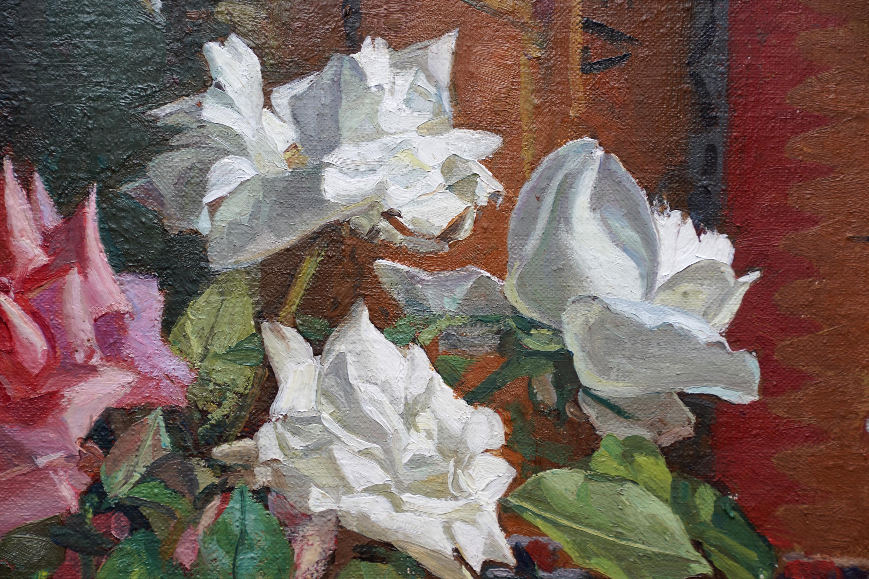 A Flower Piece Roses in a White Vase - British 1930's Exhib floral oil painting 3