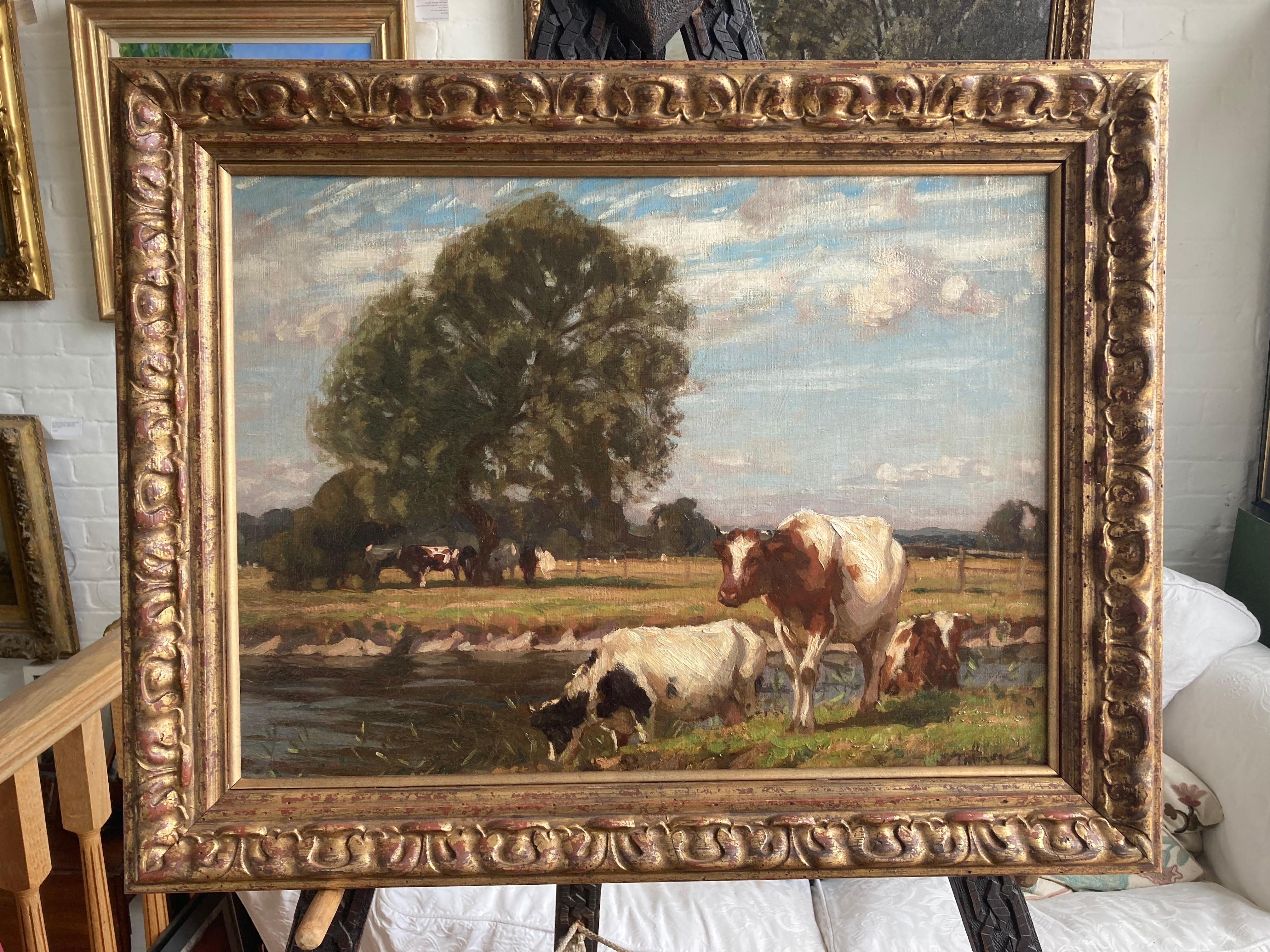 An idyllic scene on an impressive scale of cattle grazing in Constable country.

Algernon Mayow Talmage (1871-1939)
​Cattle grazing on the banks of the river Stour
Signed
Oil on canvas
18 x 24 inches
22½ x 28½ inches including the frame

Algernon