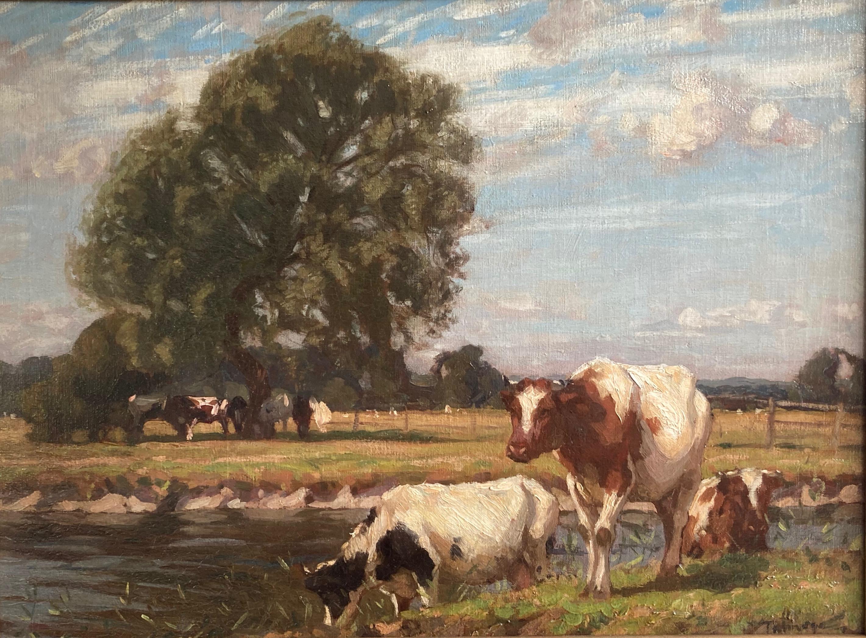 An idyllic scene on an impressive scale of cattle grazing in Constable country.

Algernon Mayow Talmage (1871-1939)
​Cattle grazing on the banks of the river Stour
Signed
Oil on canvas
18 x 24 inches
22½ x 28½ inches including the frame

Algernon
