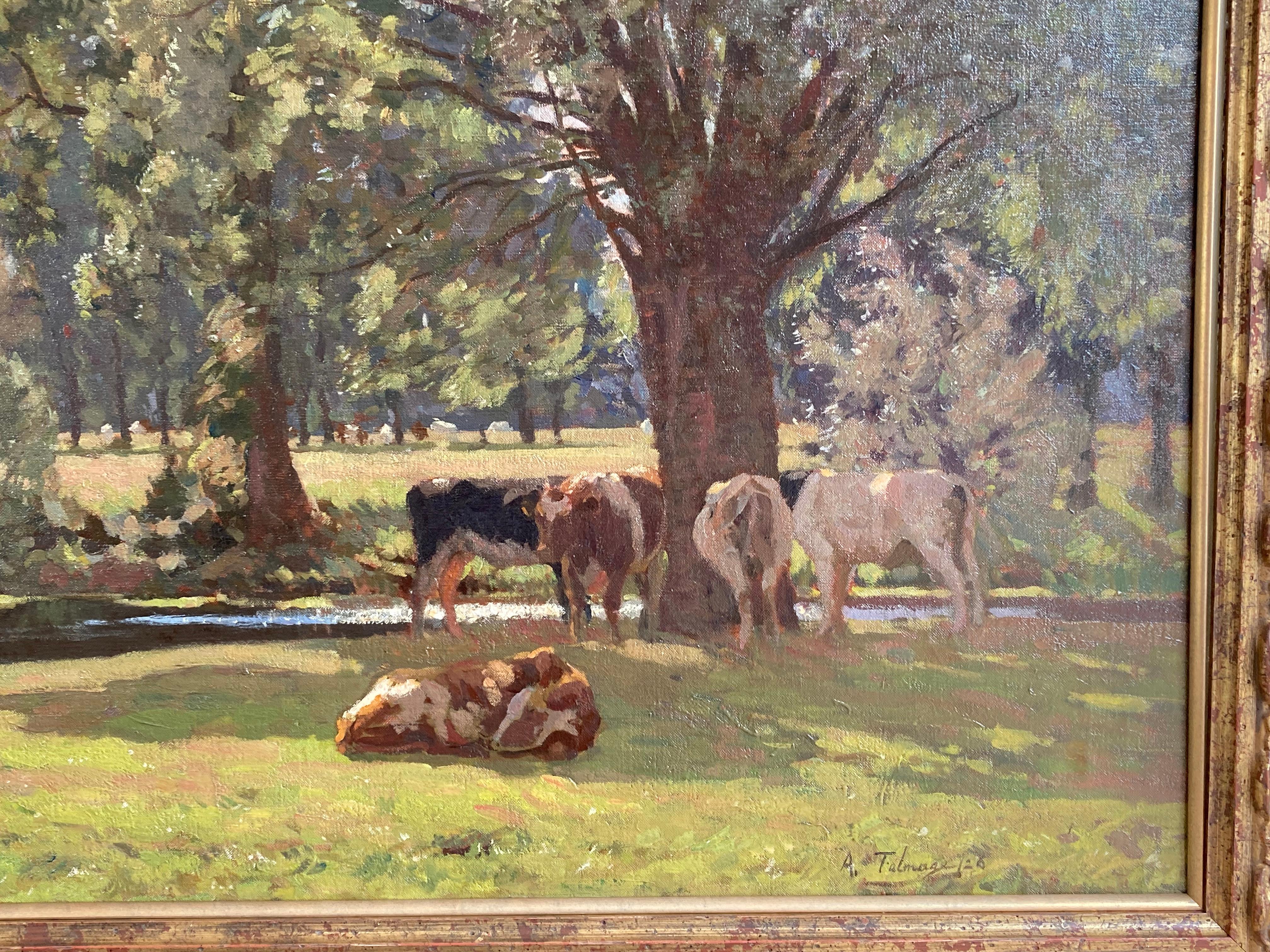 Algernon Talmage, Large Impressionist scene, cattle grazing in a river landscape 6