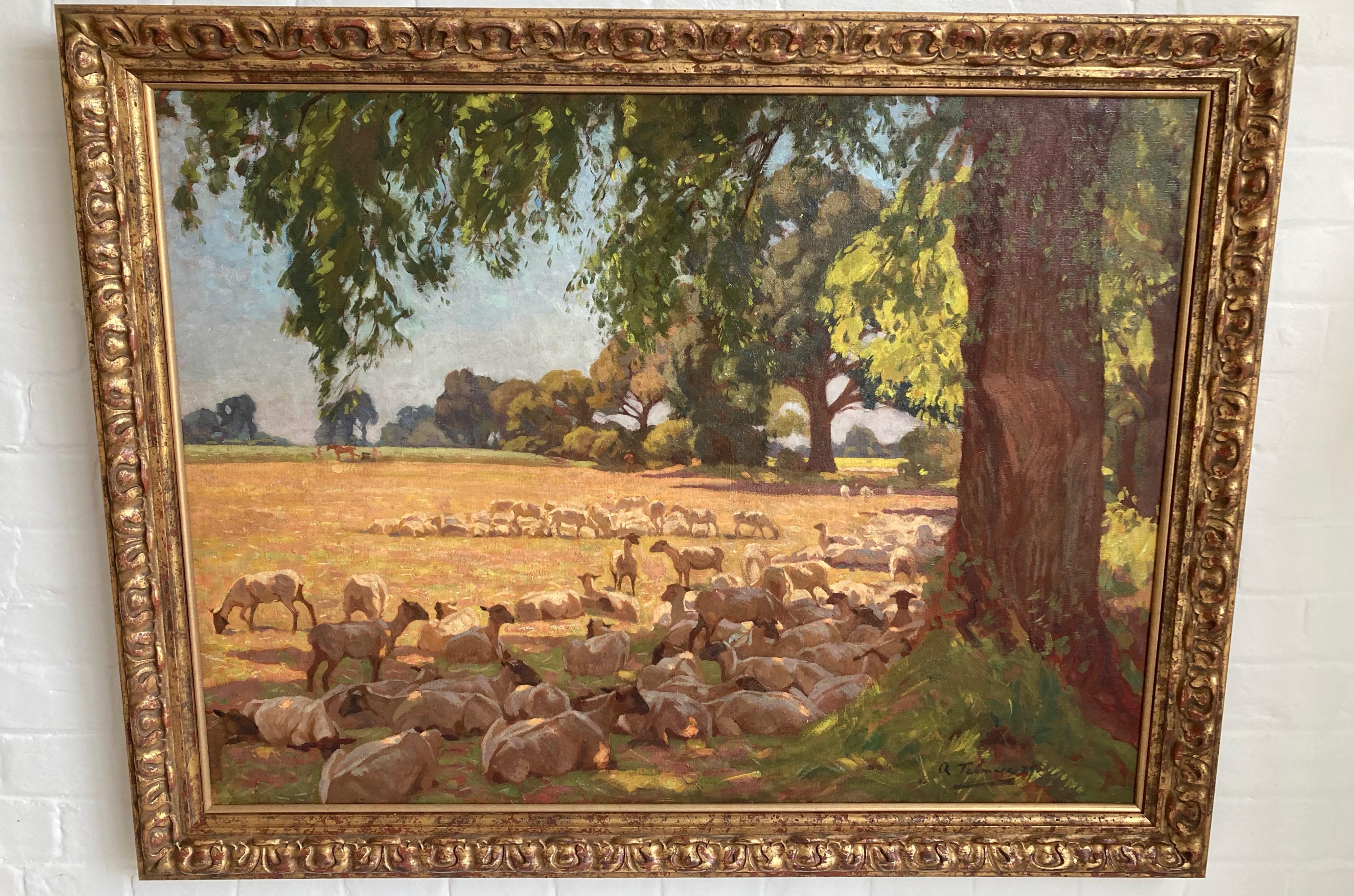 An idyllic scene on an impressive scale of sheep grazing in Constable country.

Algernon Mayow Talmage (1871-1939)
​Sheep grazing in a summer landscape
Signed and dated 1927
Oil on canvas
29½ x 39½ inches
34½ x 44½ inches including the