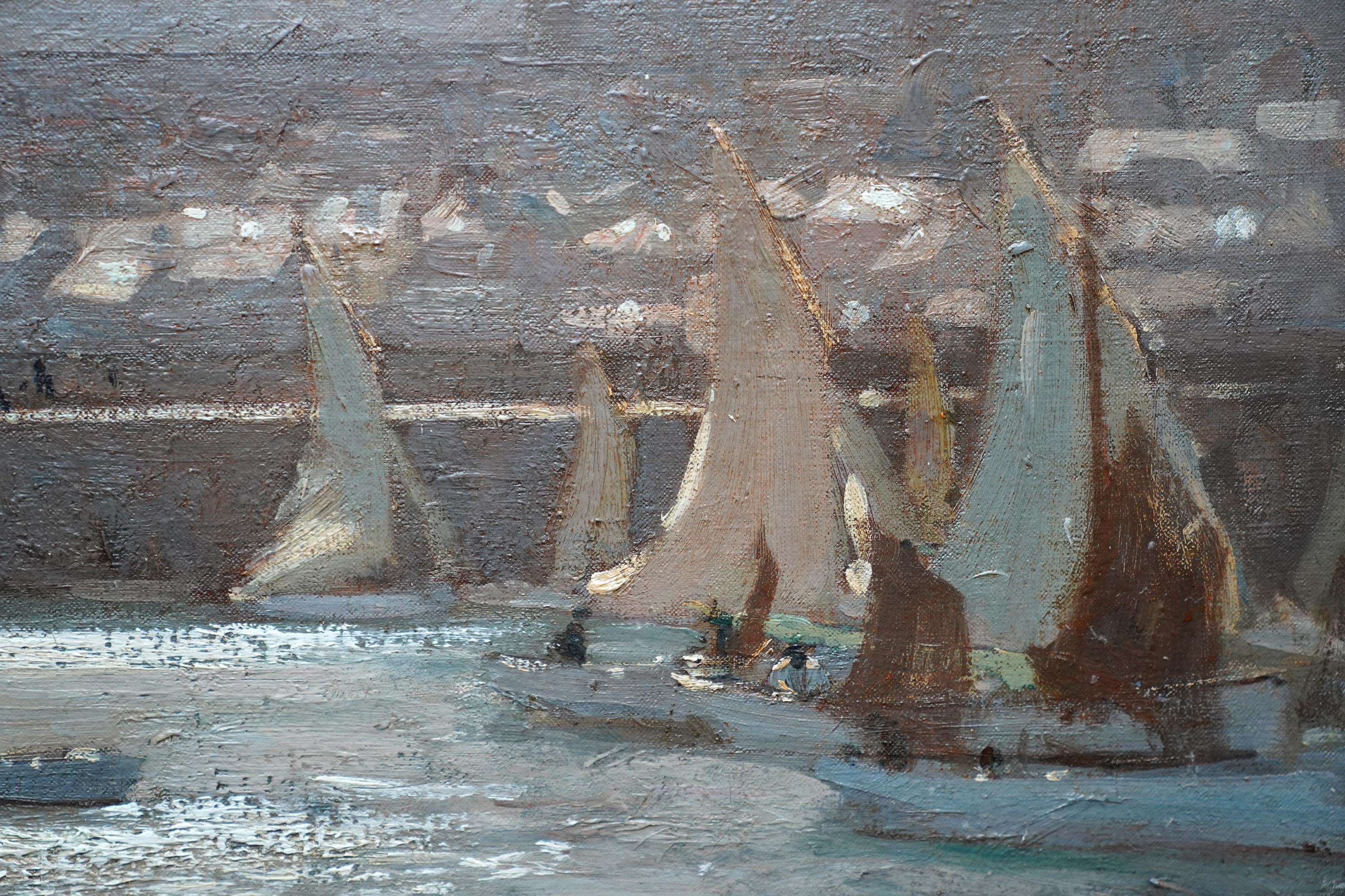 This stunning British Edwardian Impressionist Newlyn School seascape is by noted Cornish artist Algernon Talmage. Painted in 1909 it is a beautiful coastal seascape of Newlyn harbour, looking towards Mousehole. There are a number of sailing boats in