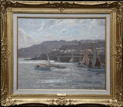 Newlyn Harbour Seascape - British Edwardian Newlyn School Cornish oil painting