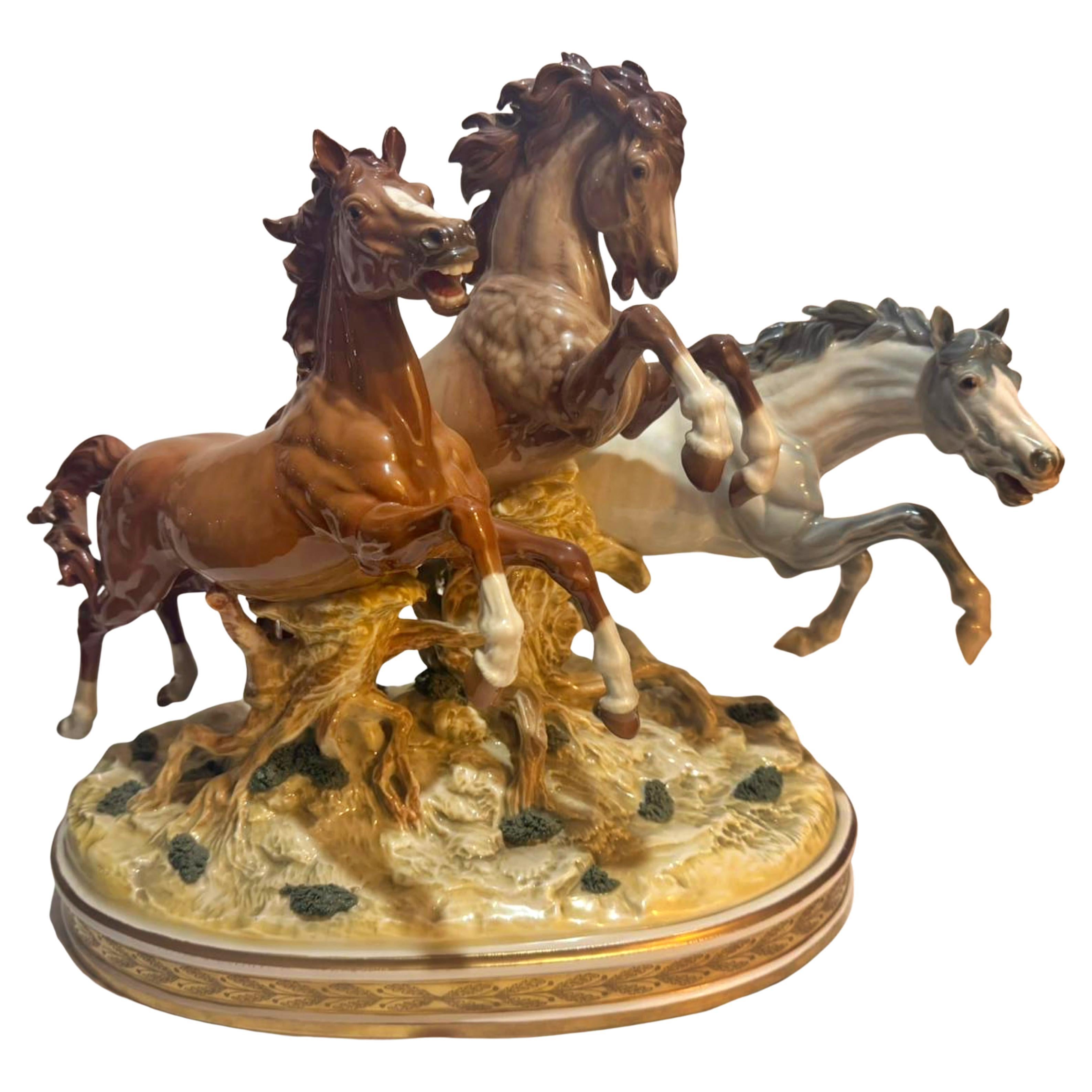 Algora Porcelain Group of three wild horses in authentic Algora porcelain 20th C For Sale