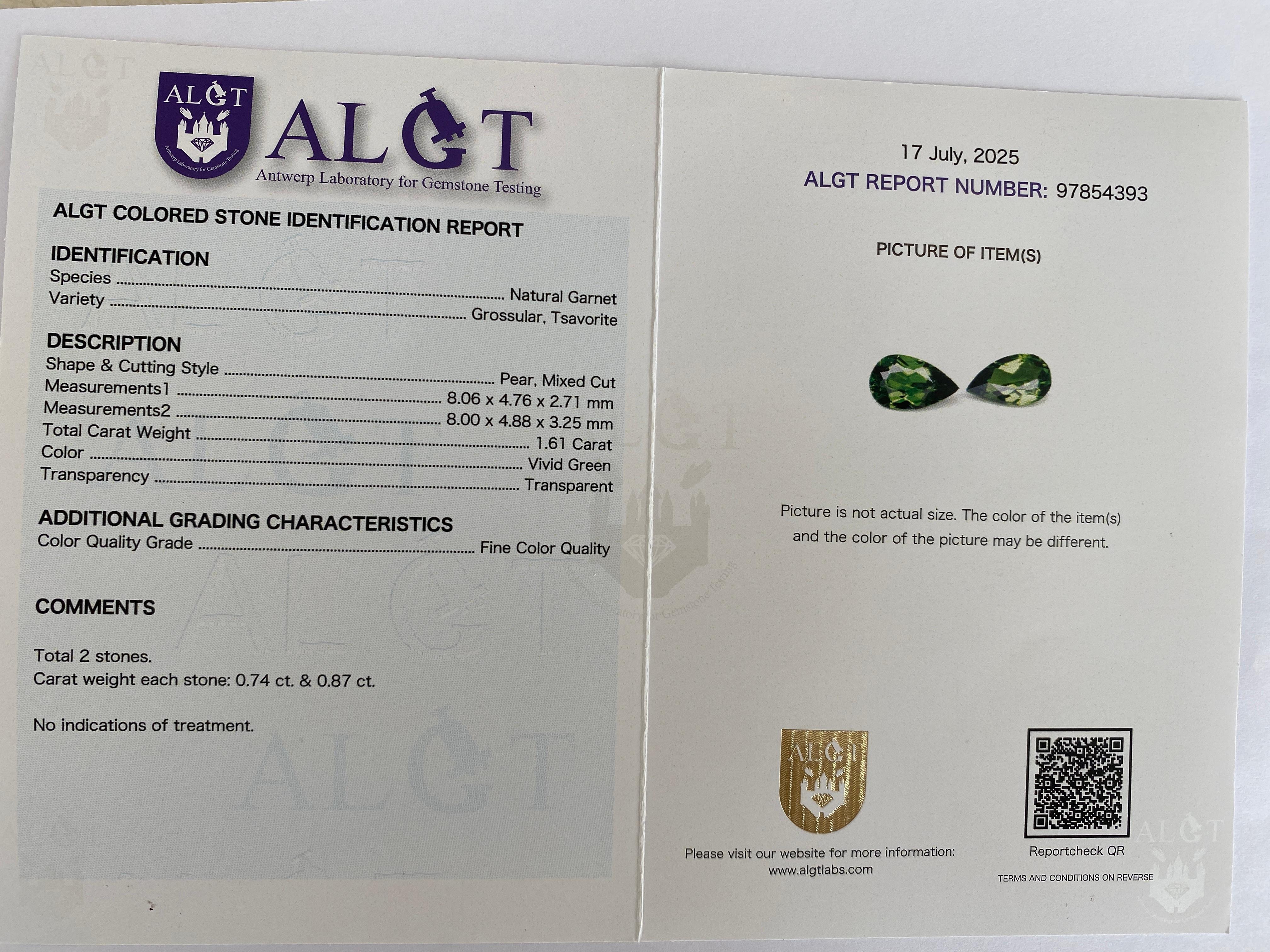 ALGT Cerified Vivid Green Tsavorite Diamond  Drop Earrings in 18K Yellow Gold For Sale 8