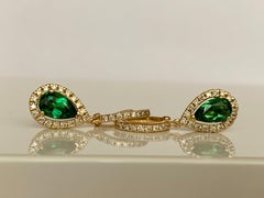 ALGT Cerified Vivid Green Tsavorite Diamond  Drop Earrings in 18K Yellow Gold