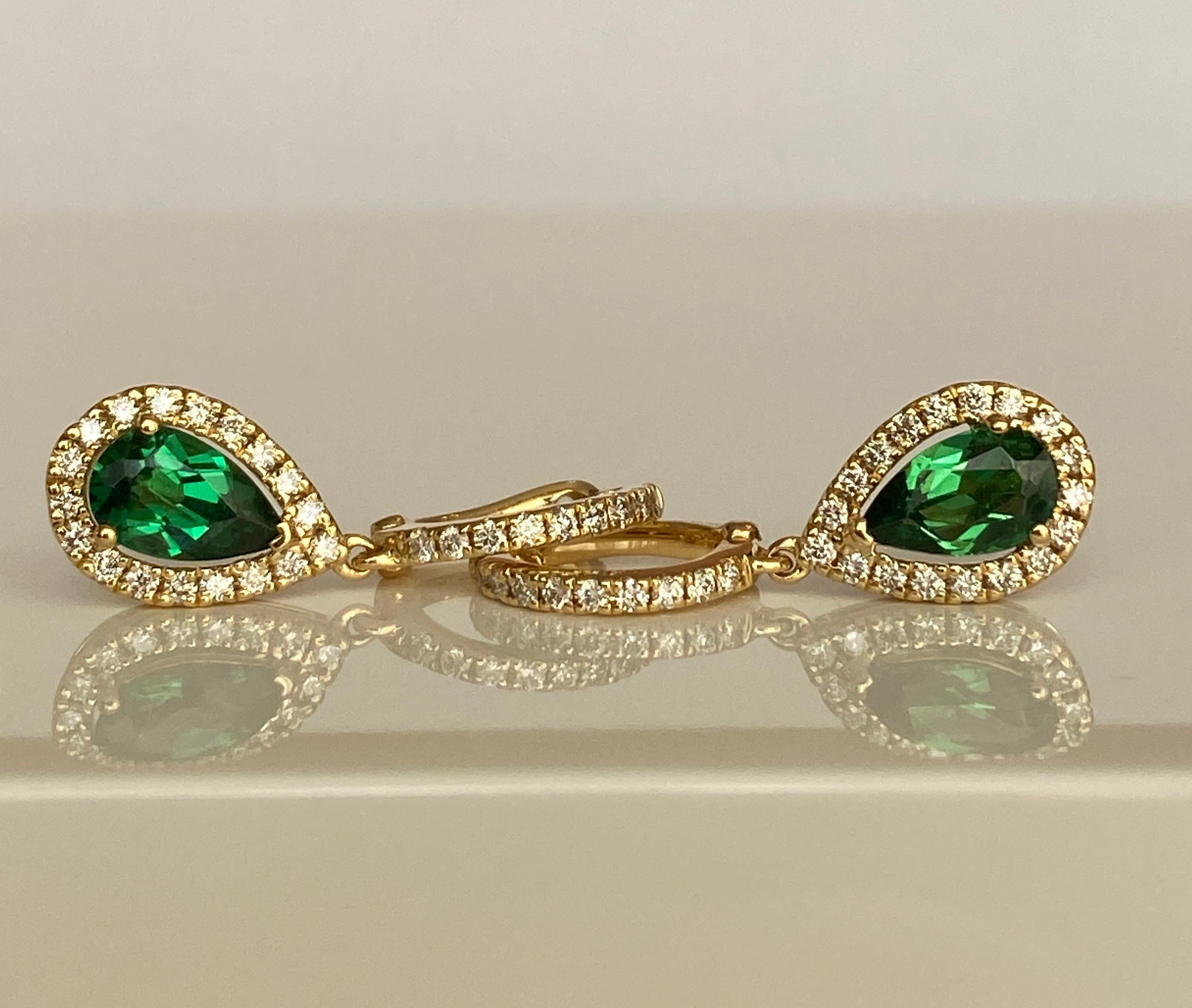 Napoleon III ALGT Cerified Vivid Green Tsavorite Diamond  Drop Earrings in 18K Yellow Gold For Sale
