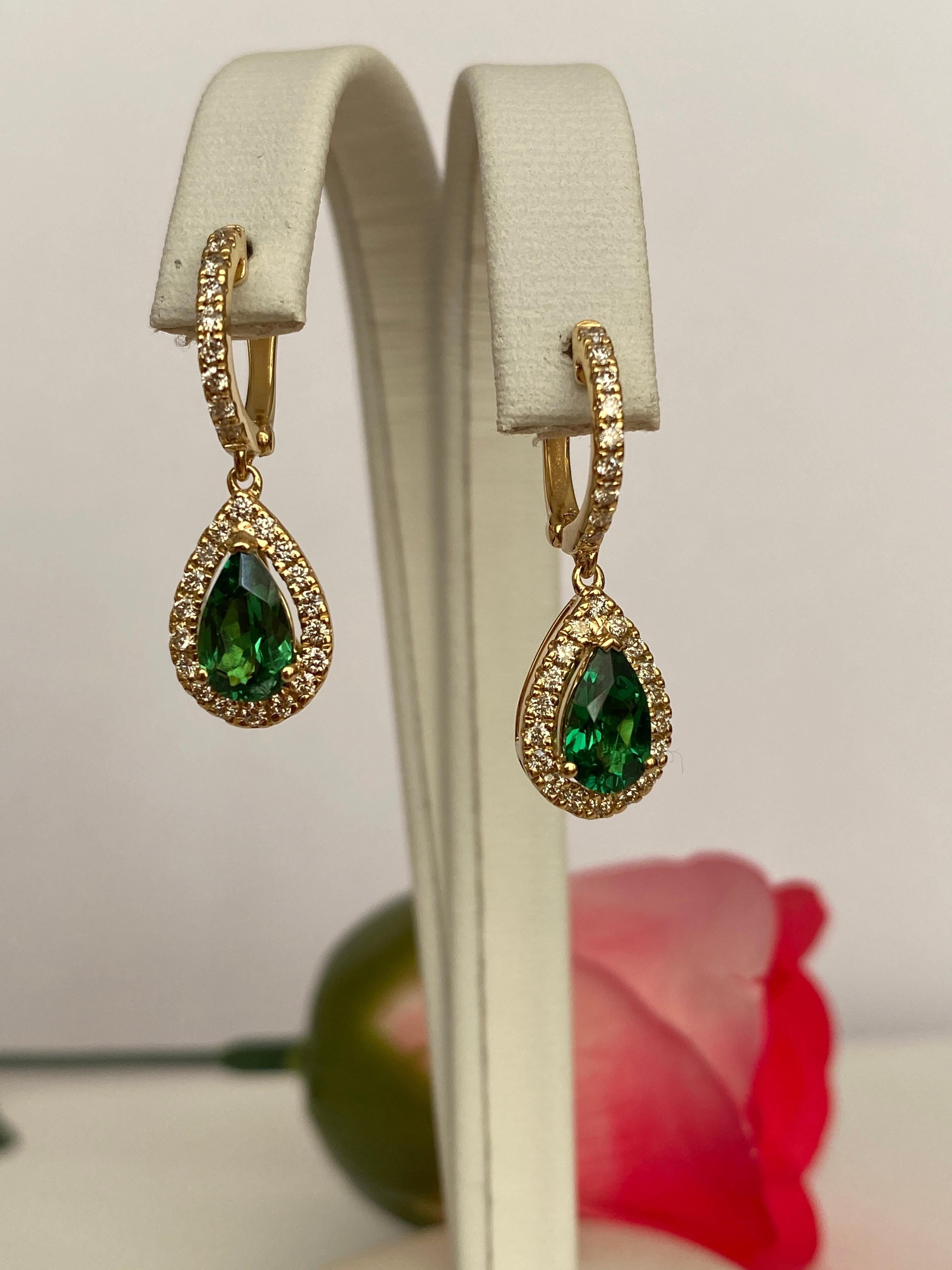 Pear Cut ALGT Cerified Vivid Green Tsavorite Diamond  Drop Earrings in 18K Yellow Gold For Sale