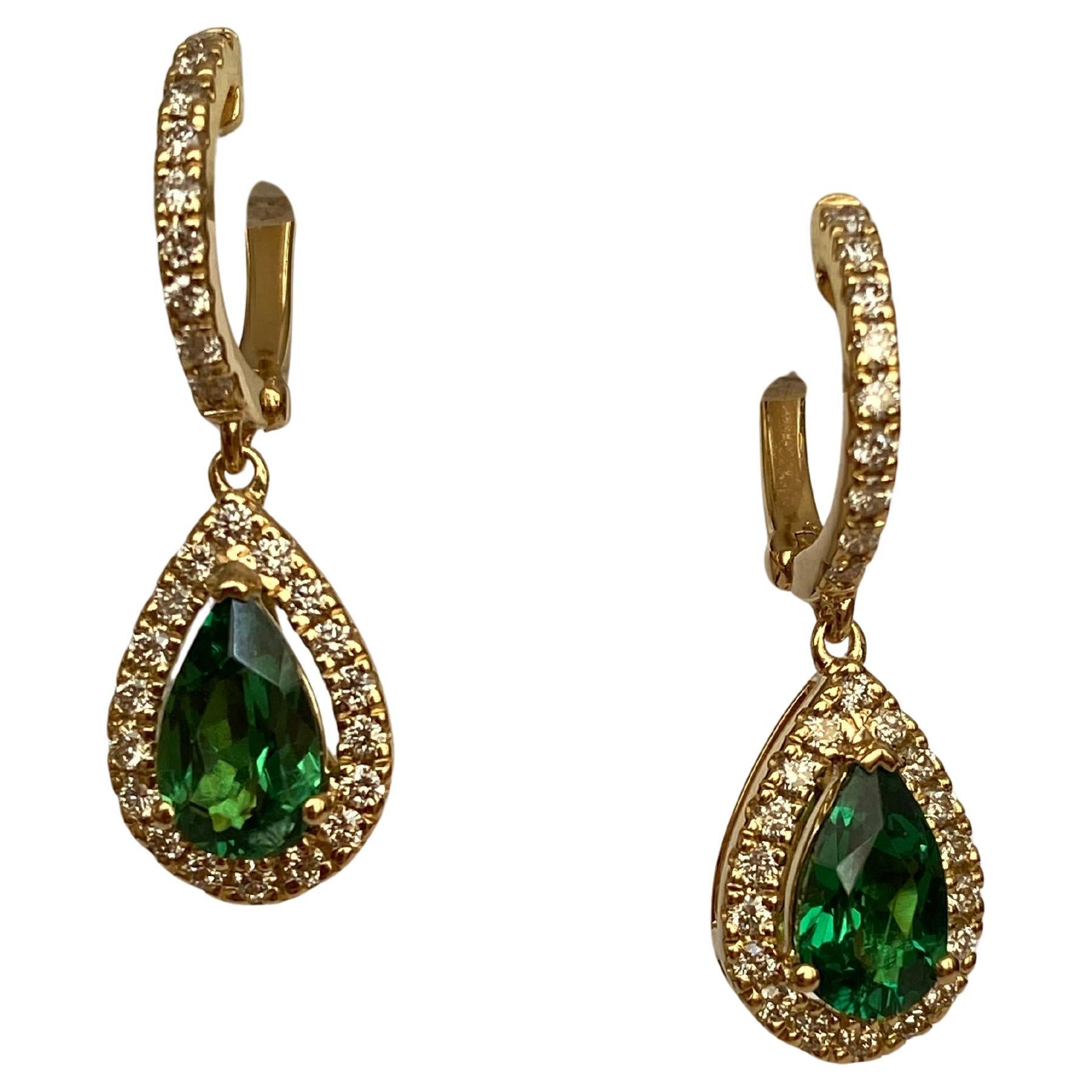 ALGT Cerified Vivid Green Tsavorite Diamond  Drop Earrings in 18K Yellow Gold For Sale