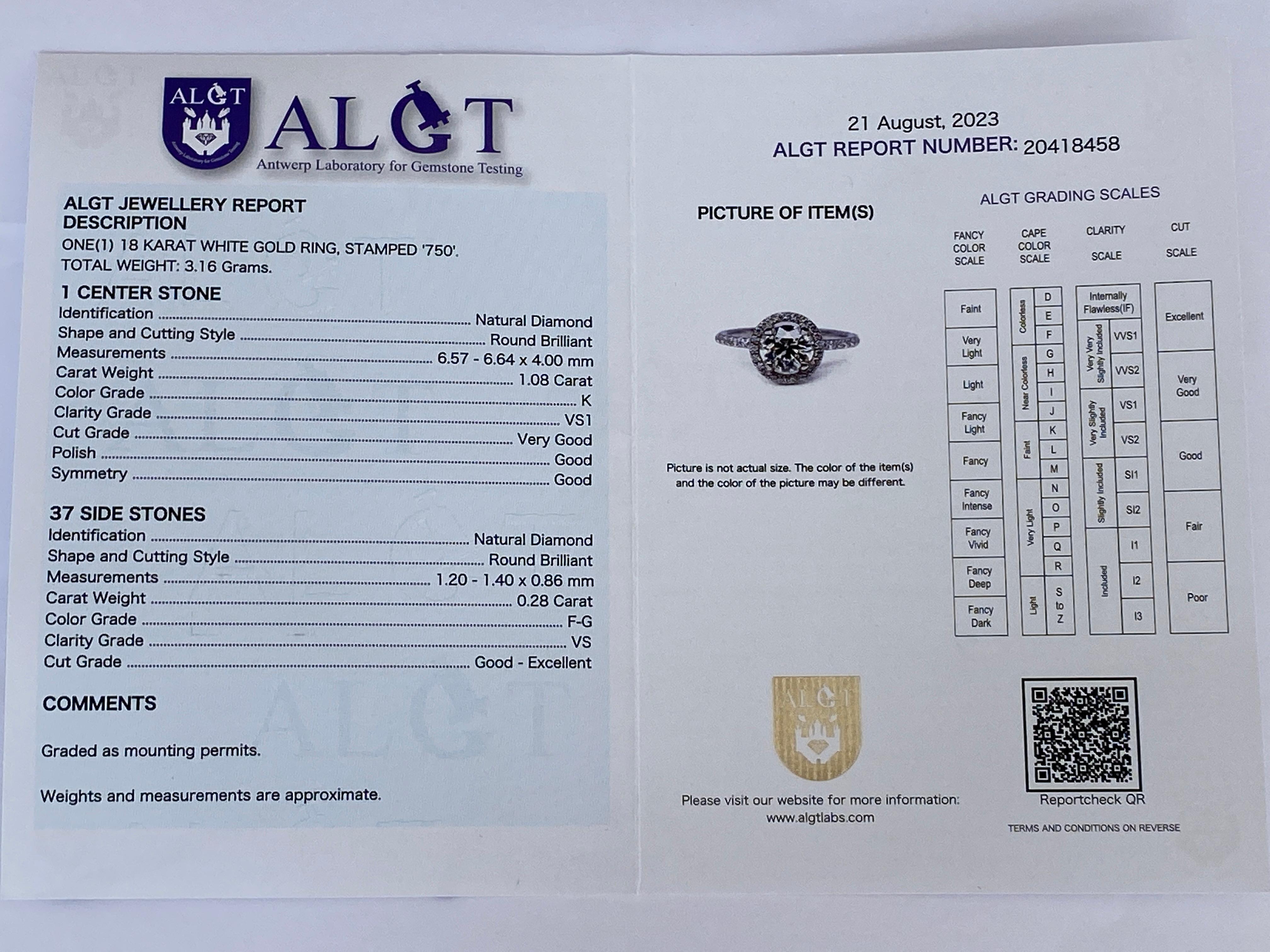 ALGT Certificied 1.36 Carat Diamond Engagement Ring For Sale 2