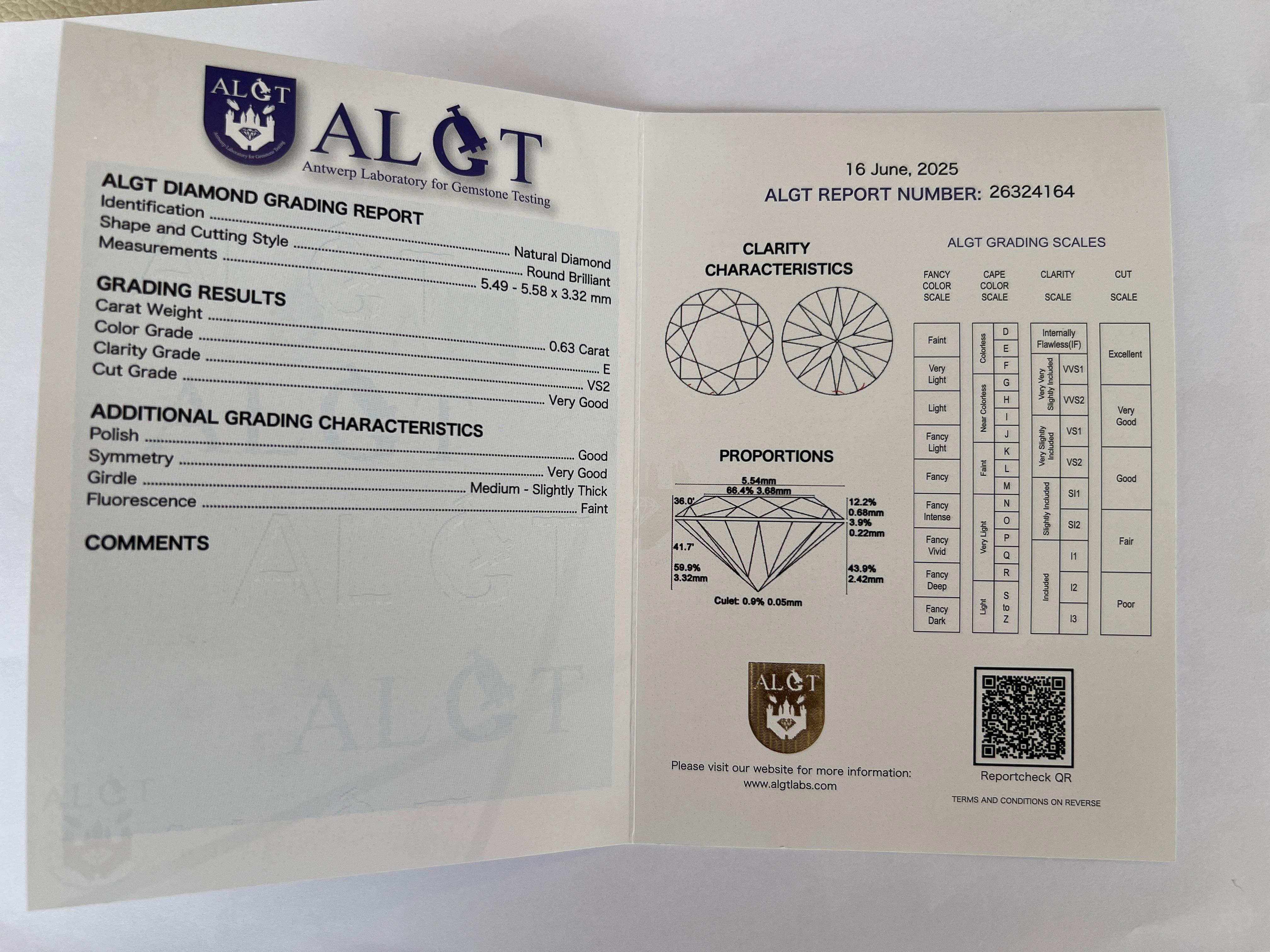 Diamant certifié ALGT de 0,63 carat Unisexe en vente