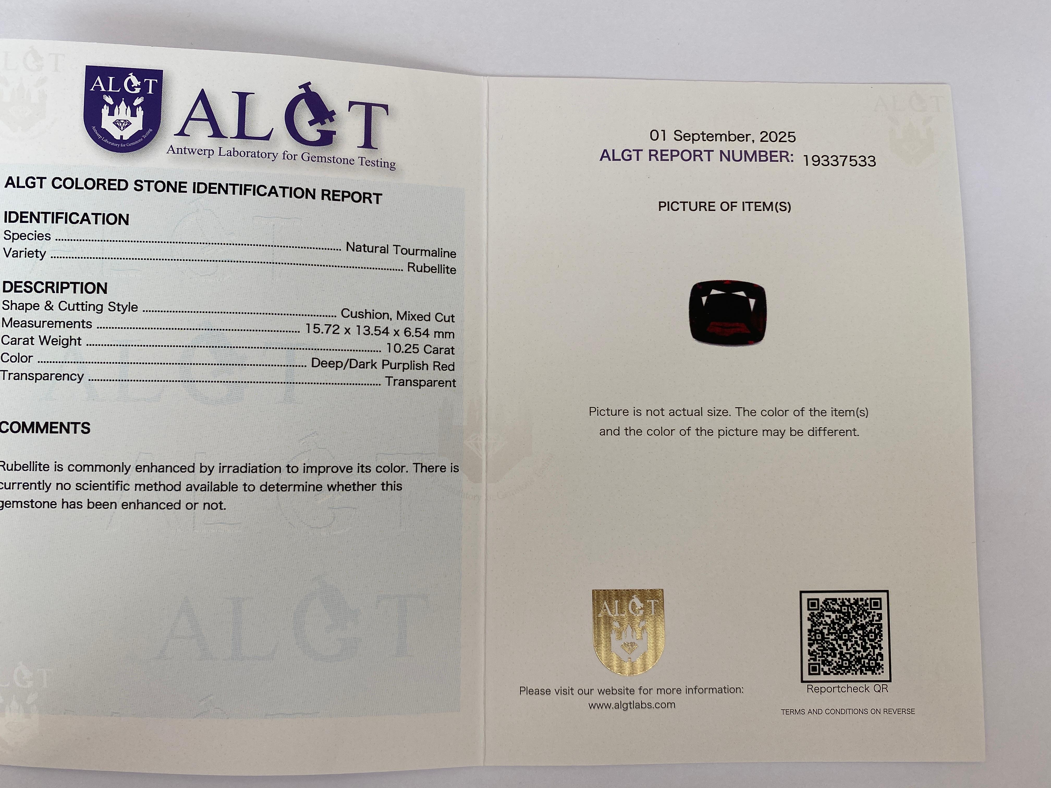 ALGT Certified 10.25 Carat Natural Tourmaline Deep/Dark Purplish Red Rubellite For Sale 3
