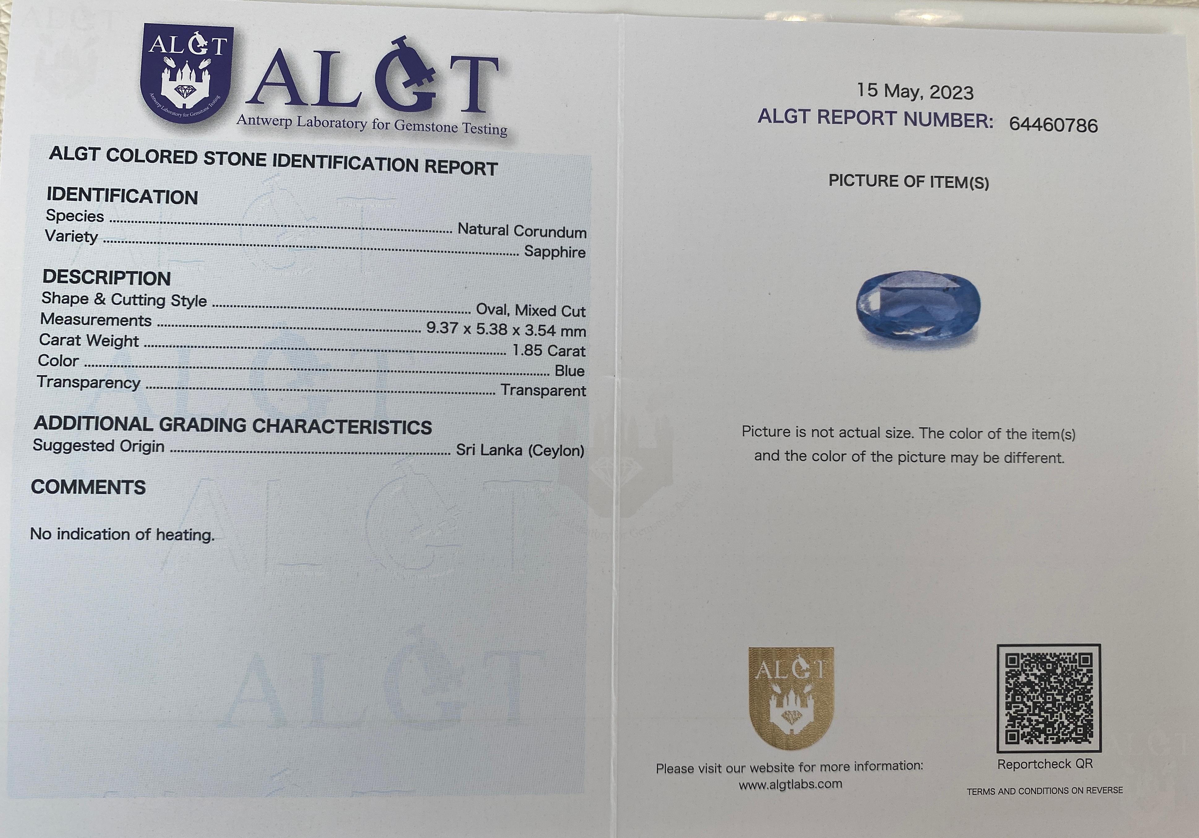 ALGT Certified 1.85 carat Ceylon Sapphire Diamond White Gold  Ring For Sale 5