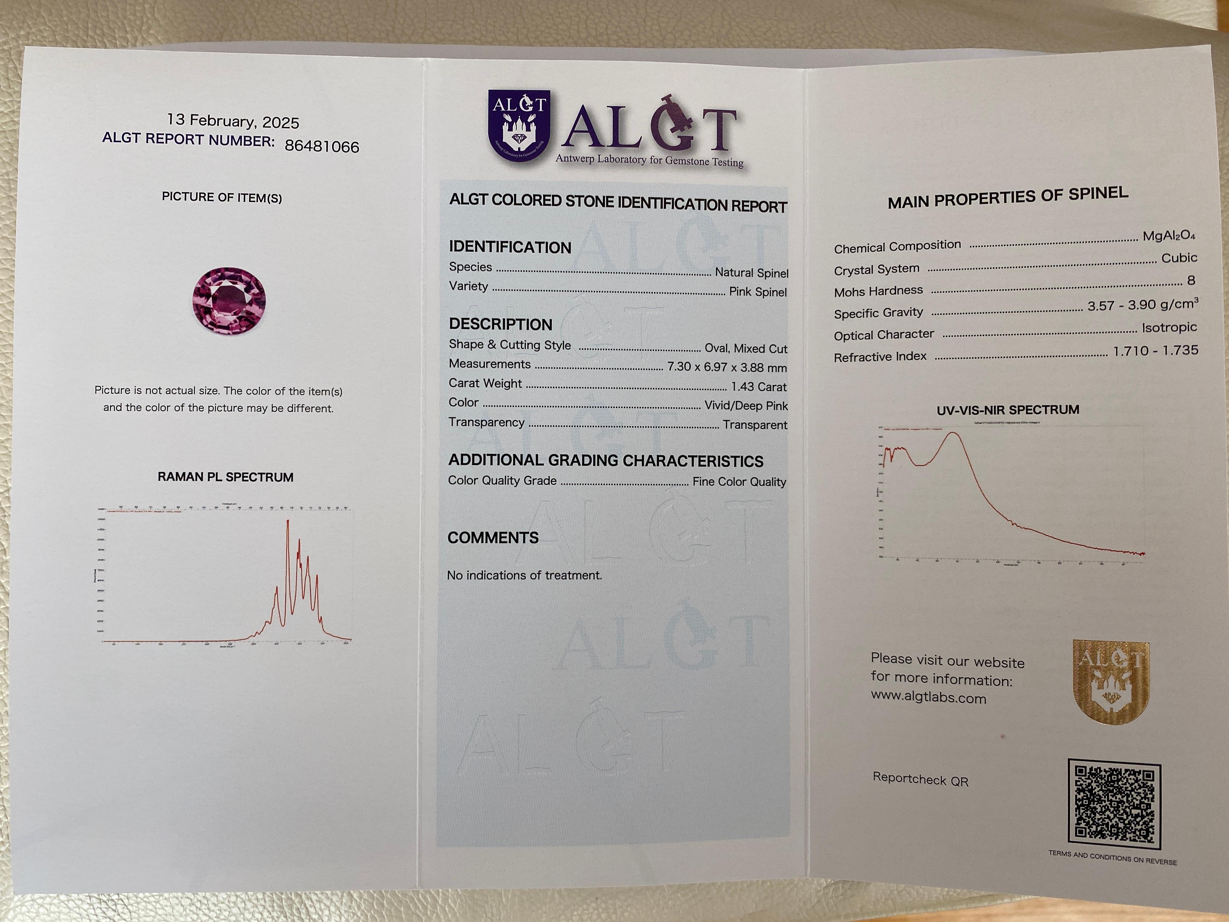 Certificato ALGT 1,43 carati di Spinello ovale taglio misto rosa intenso in vendita 5