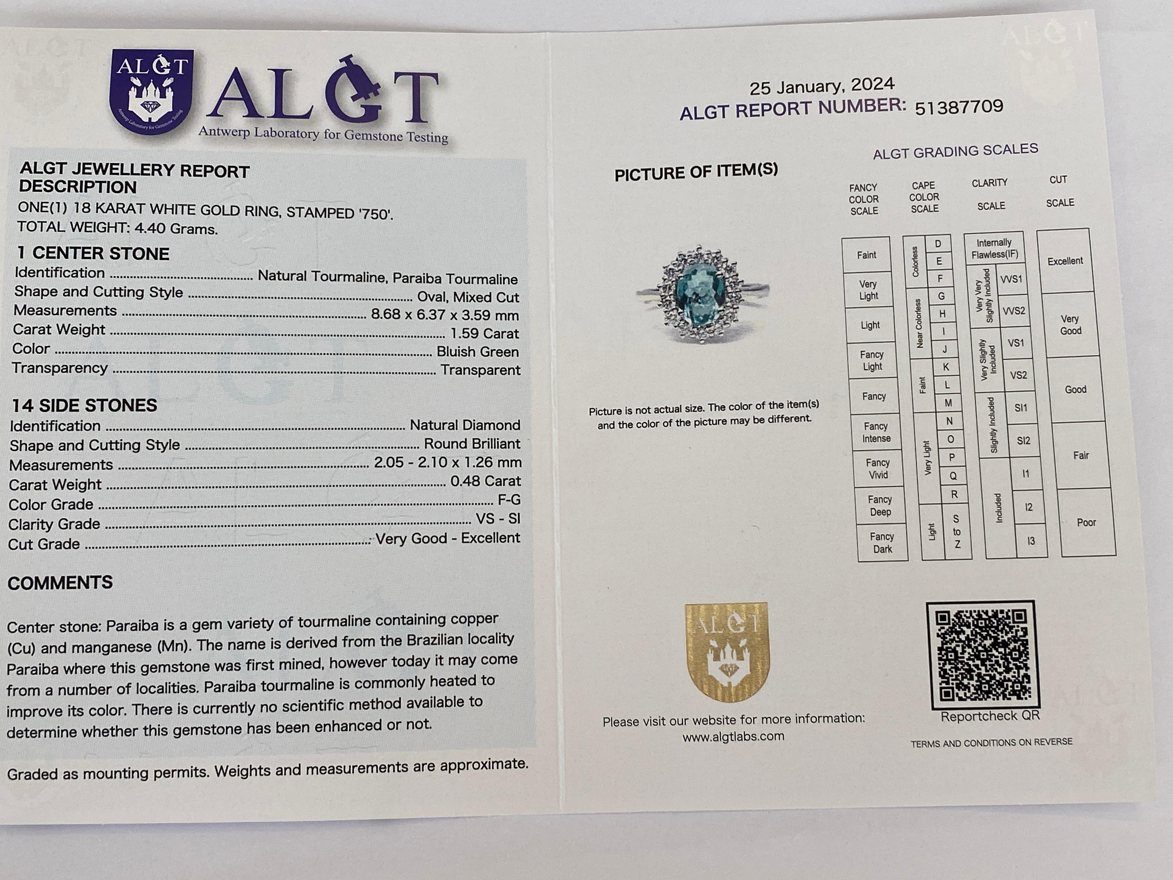 ALGT Certified 1.59 carat Paraiba Tourmaline Diamond White Gold  Ring For Sale 4