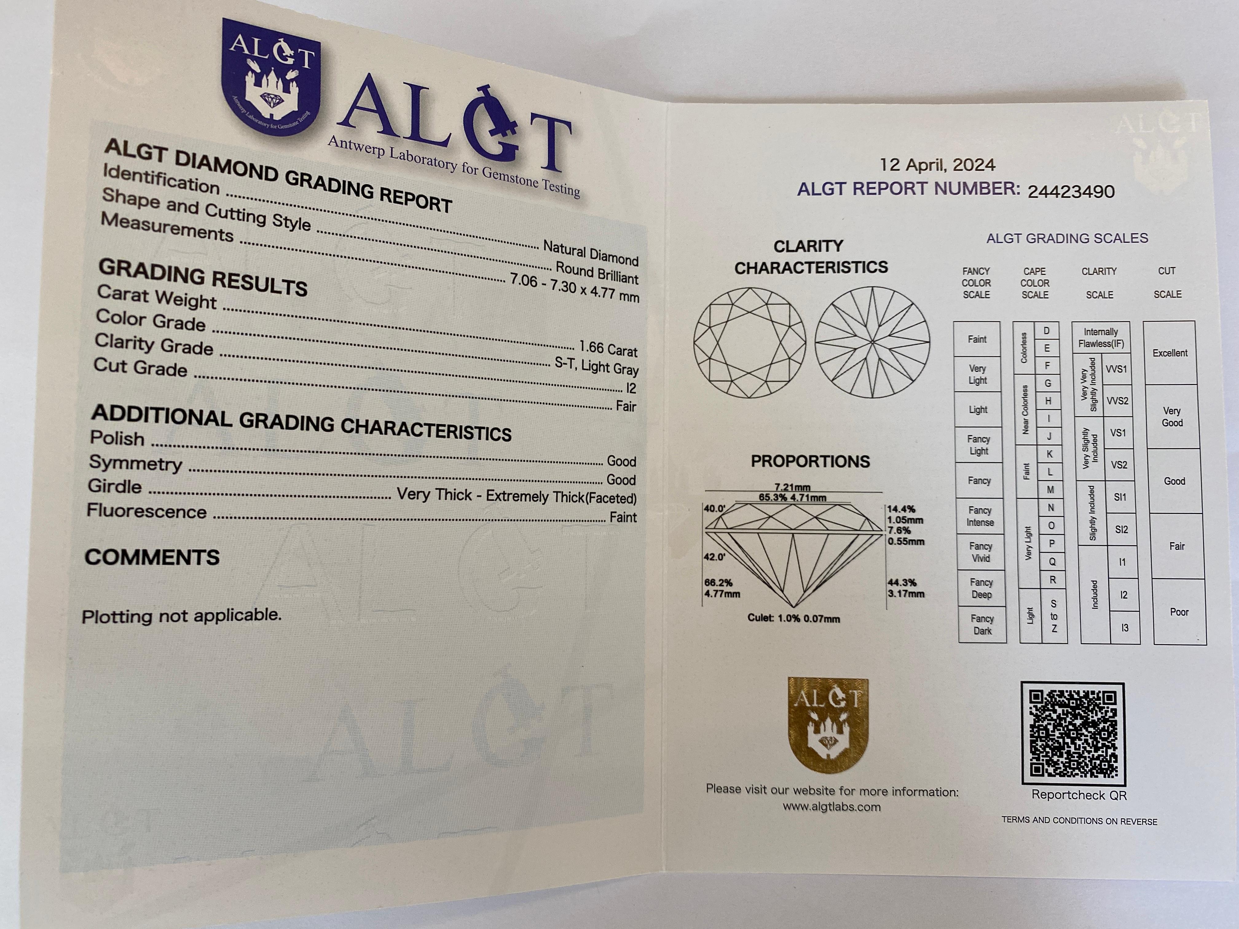 Anello solitario con diamante sale e pepe certificato ALGT da 1,65 carati a taglio brillante in vendita 6