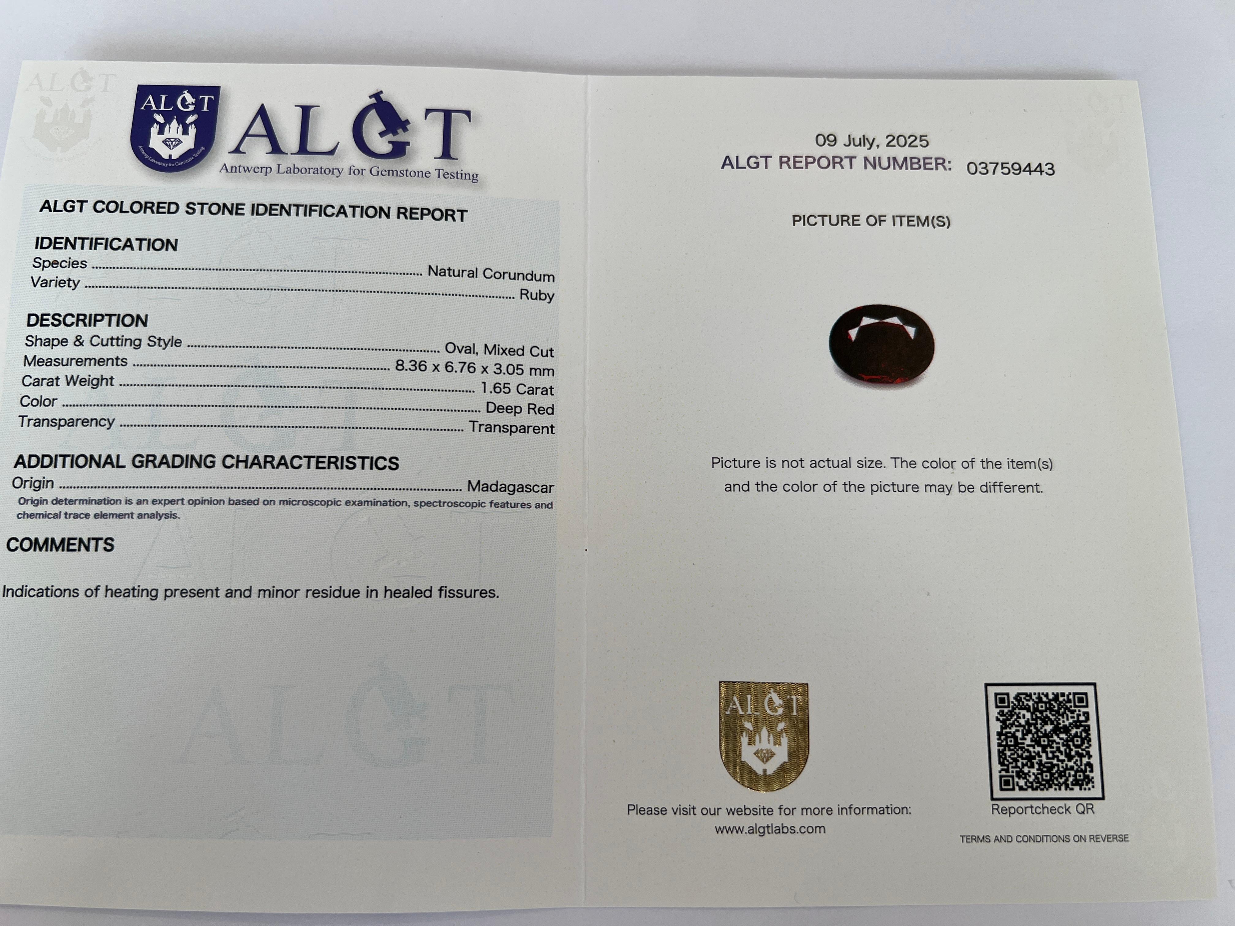 Rubí ovalado de talla mixta certificado ALGT de 1,65 qt en venta 2