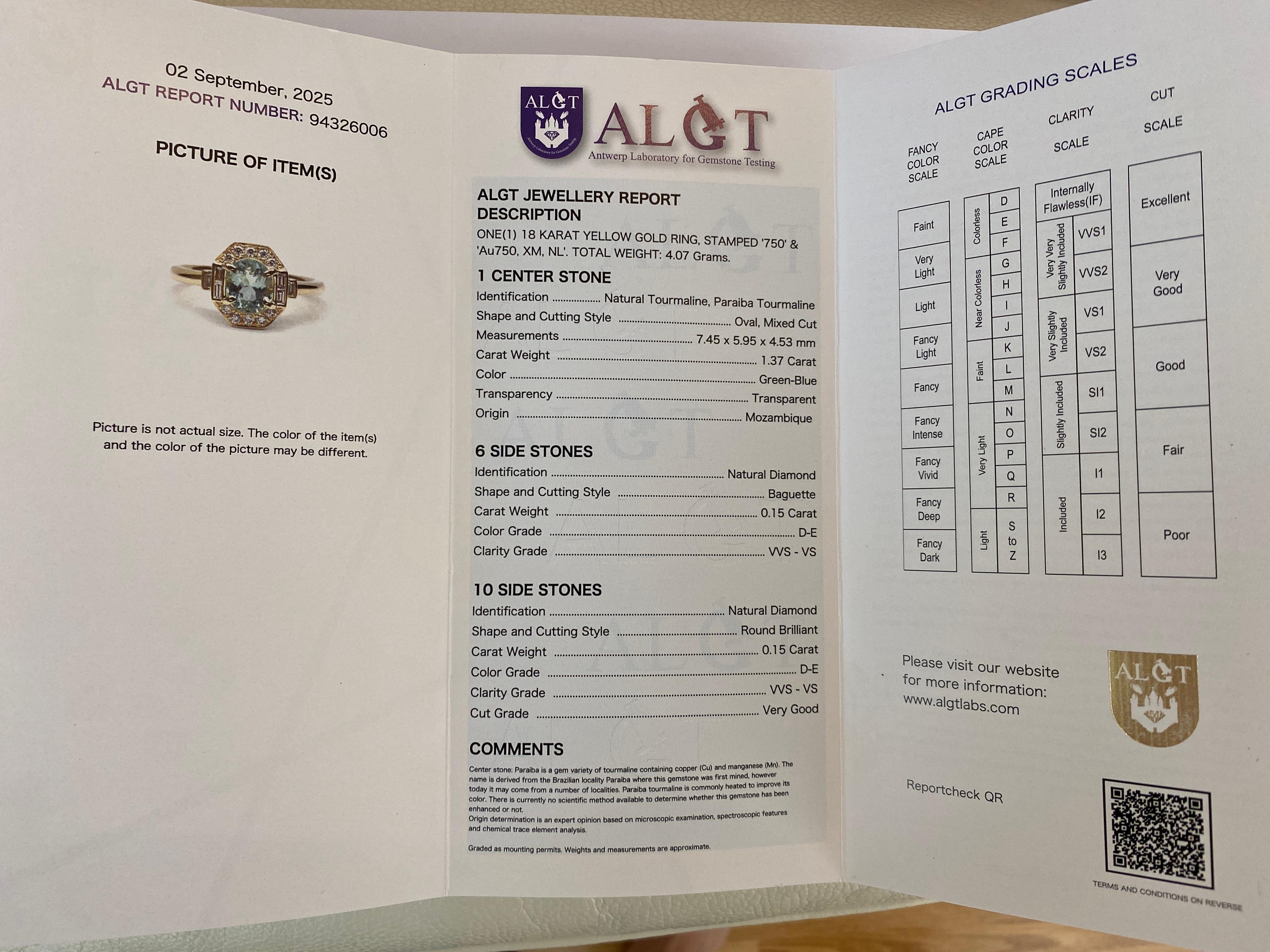 Diamant tourmaline Paraiba certifié ALGT de 1,67 carat  Bague en or jaune 18 kt en vente 12