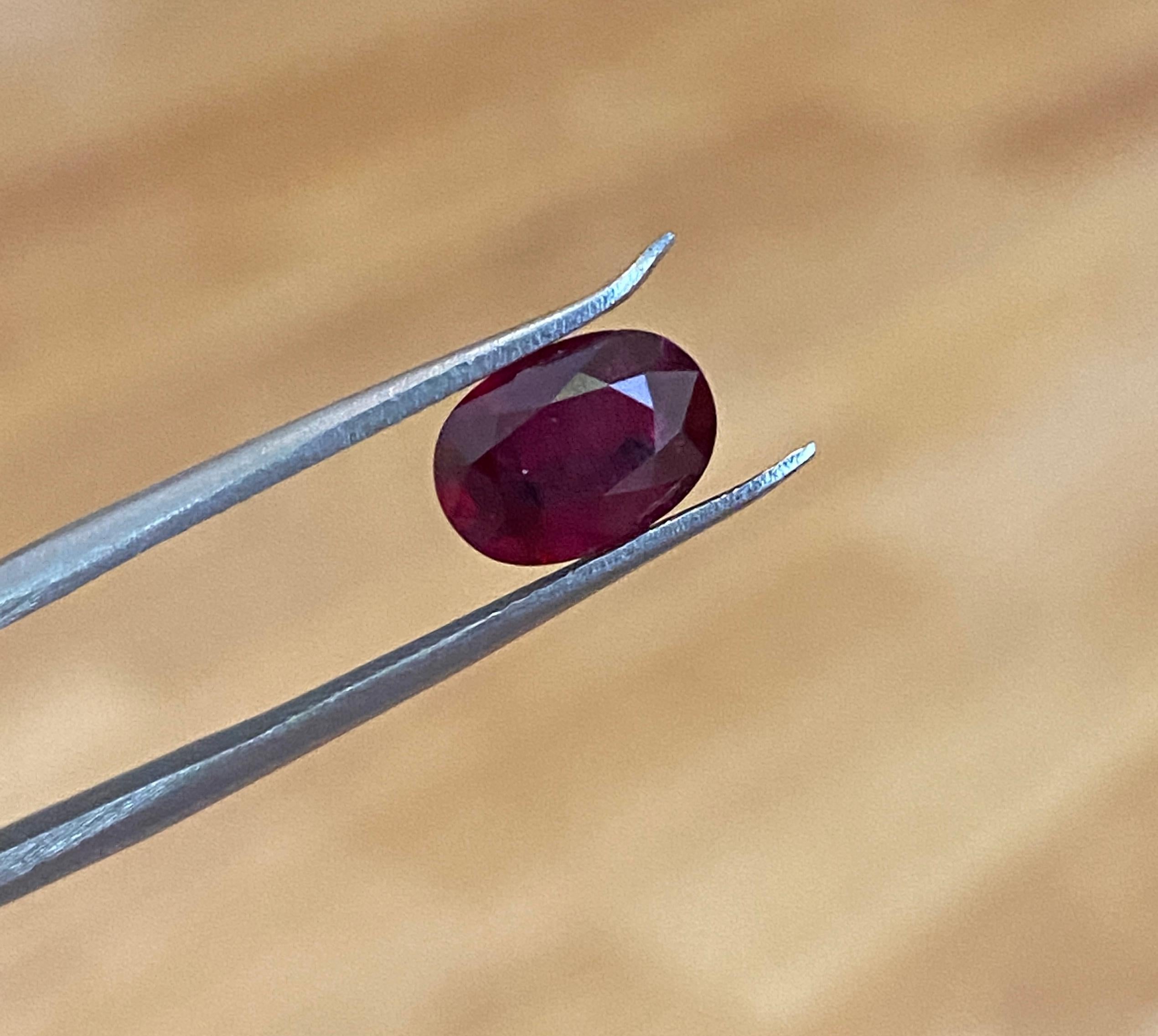 Offered beautiful 1.76 carat Deep Red Ruby.  ALGT certificate is available.
Weight: 1.76 Carats
Shape: oval mixed cut
Gem Dimensions: 8.92 x 6.36* 3.27 mm
Color: Deep Red
Treatment: Indication of heating present and moderate residue in healed