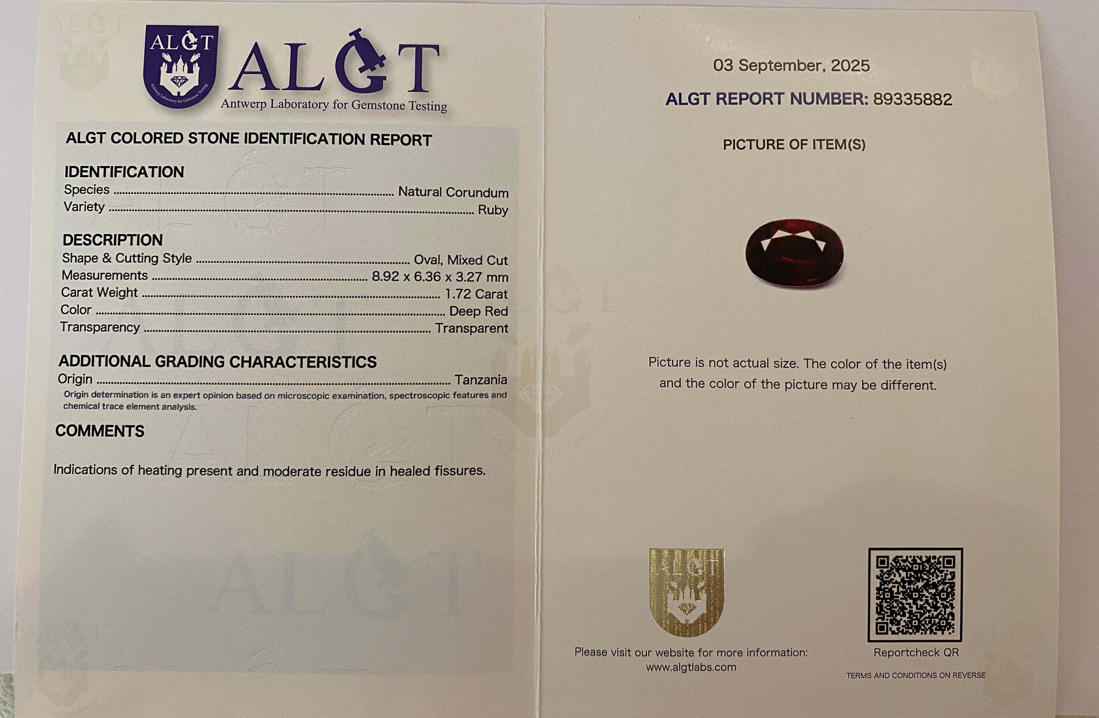 ALGT Certified 1.72 Carat Natural Tanzania Deep Red Ruby For Sale 3