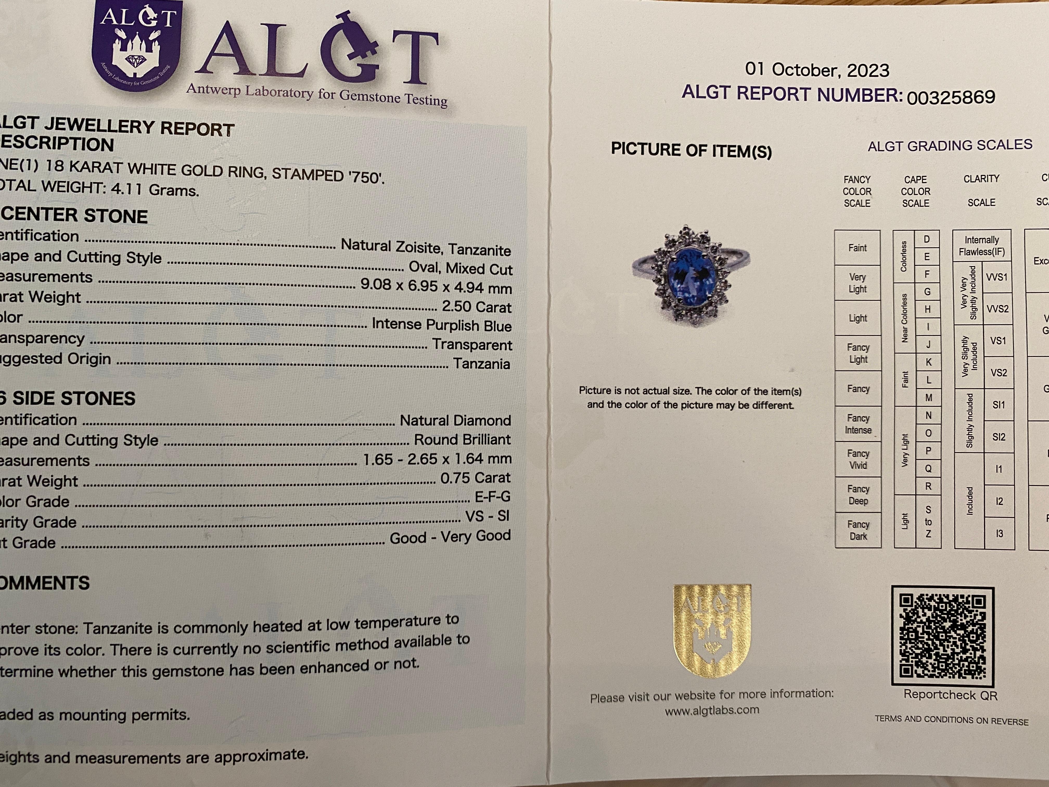 ALGT Certified 18 Carat White Gold Tanzanite Diamond  Diana Cocktail Ring For Sale 5