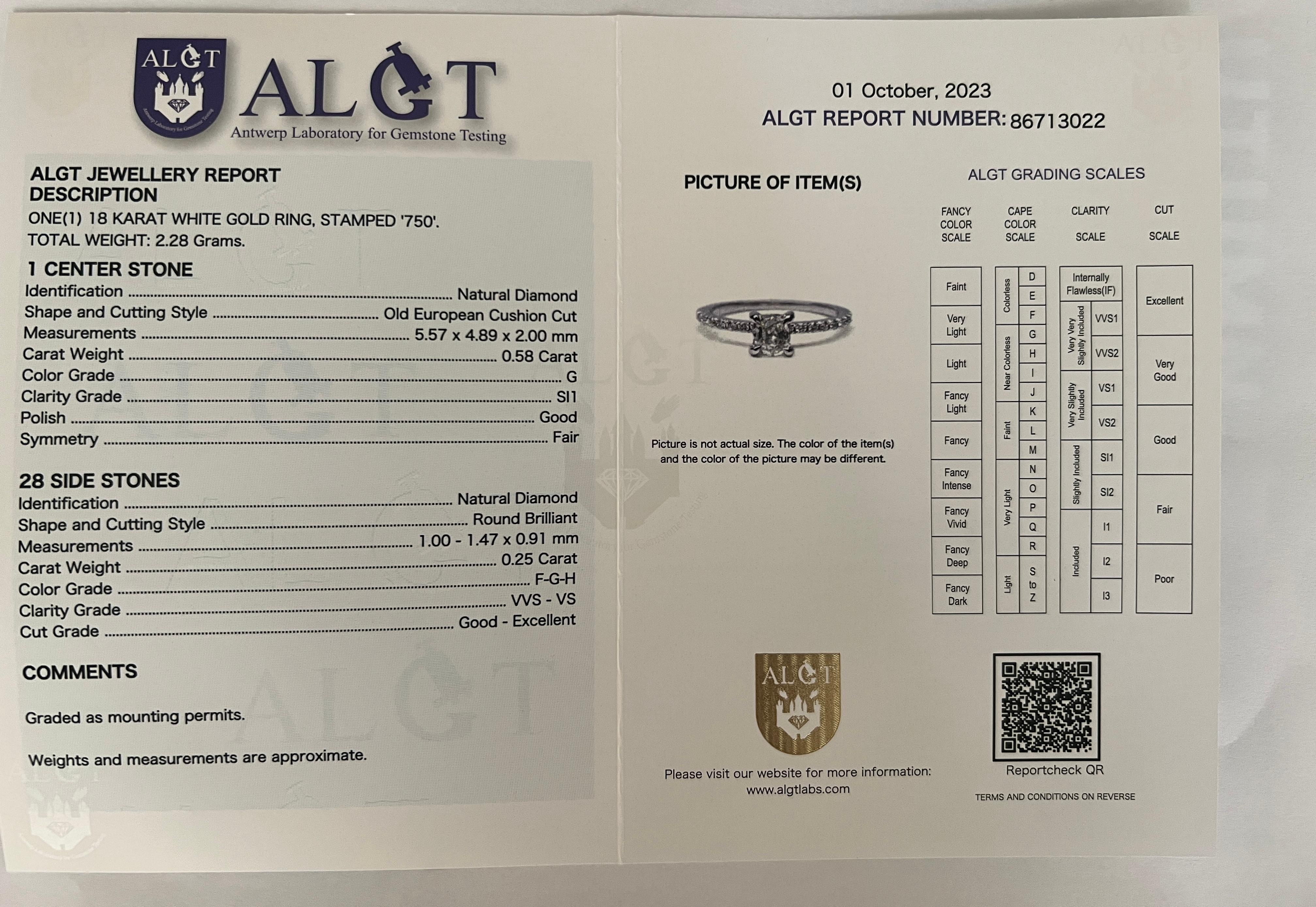 ALGT Certified 18 Karat White Gold Engagement Diamonds Ring For Sale 8