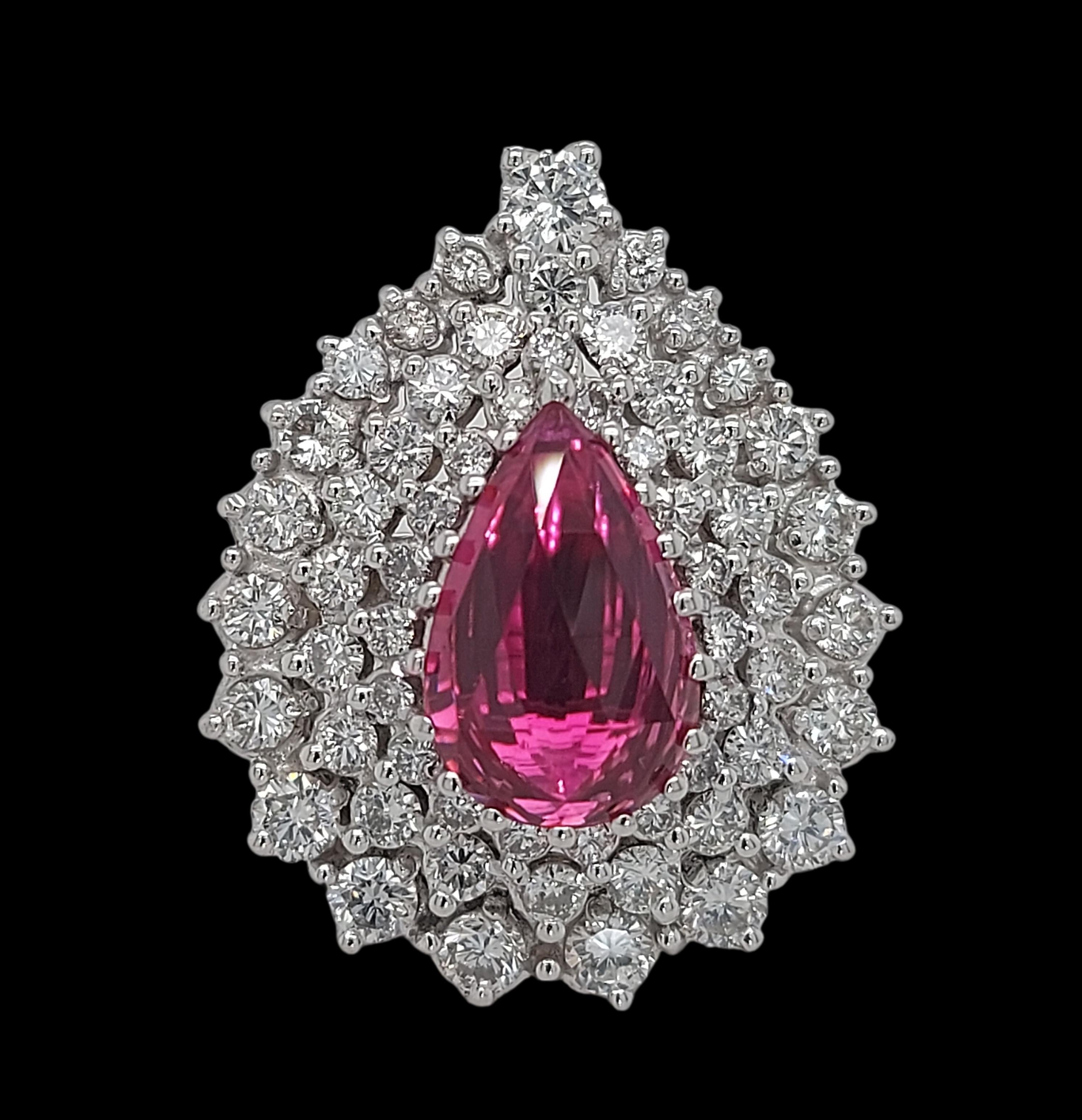 Magnificent ALGT Certified 18kt Gold 3.21 Ct Pear Rose Cut Fine Colour Ruby & Diamond Ring

Ruby: Pear shape, Rose cut Intense purplish red Ruby 3.21ct

Diamond: 3 Rows of Brilliant Cut Diamonds

Material: 18kt White Gold

Ring size: 55.1 EU / 7.25