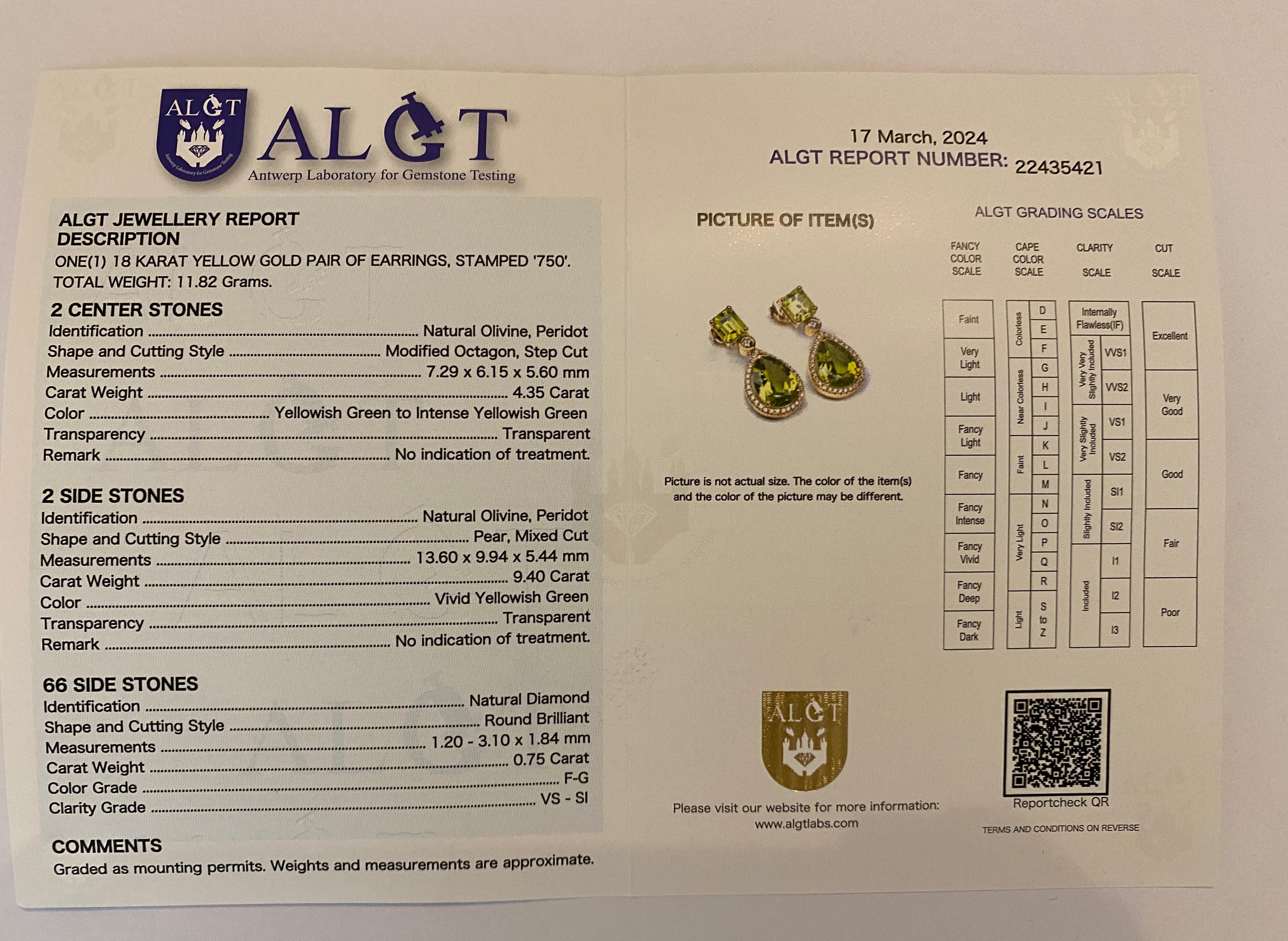 ALGT certified 18 kt gold Peridot Earrings with Diamonds For Sale 8