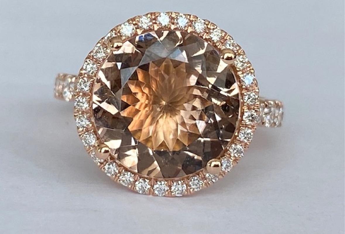 Brilliant Cut ALGT Certified 18 Kt. Pink Gold Ring with 5.10 Ct Morganite and Diamonds For Sale
