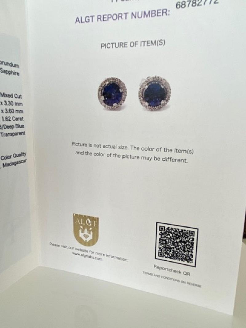 ALGT Certified 18 Kt. White Gold Earrings with 1.62 Ct Sapphires and Diamonds For Sale 8