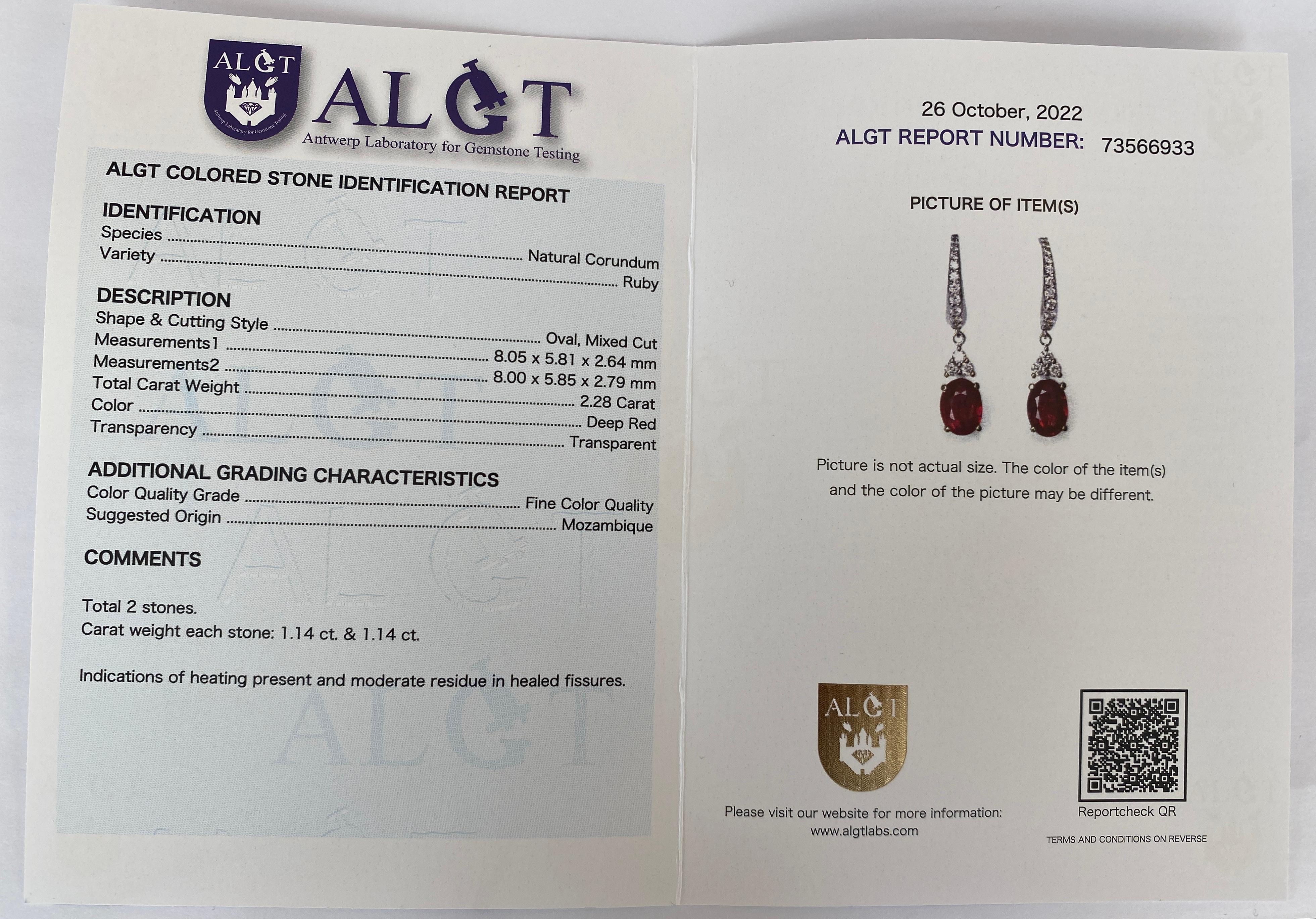 ALGT Certified 18 Kt. White Gold Earrings with 2.28 Ct Rubies and Diamonds For Sale 9