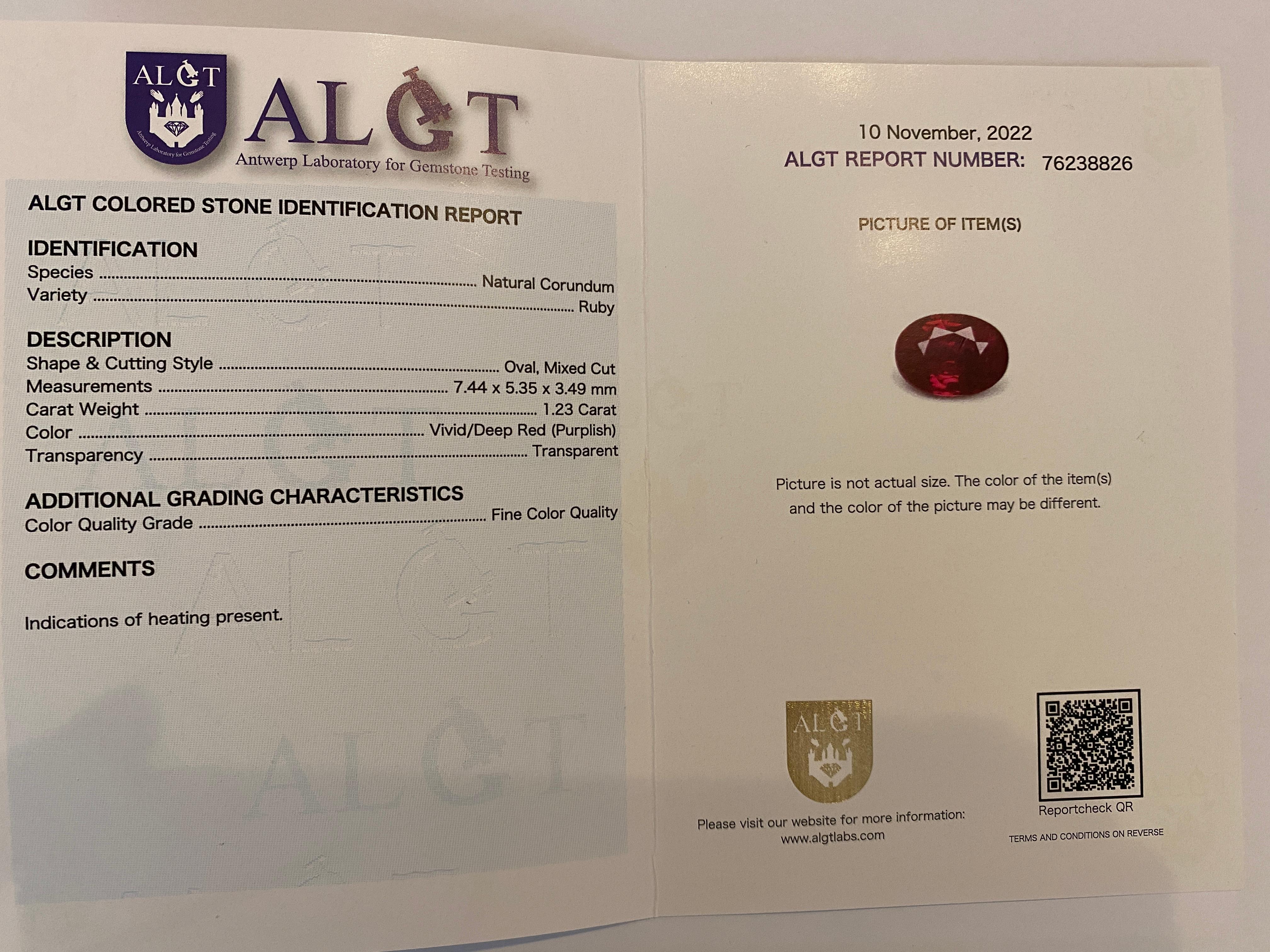 Algt-zertifizierter Ring aus 18 Karat Weißgold mit 1,23 Karat Rubin, Diamanten im Angebot 4