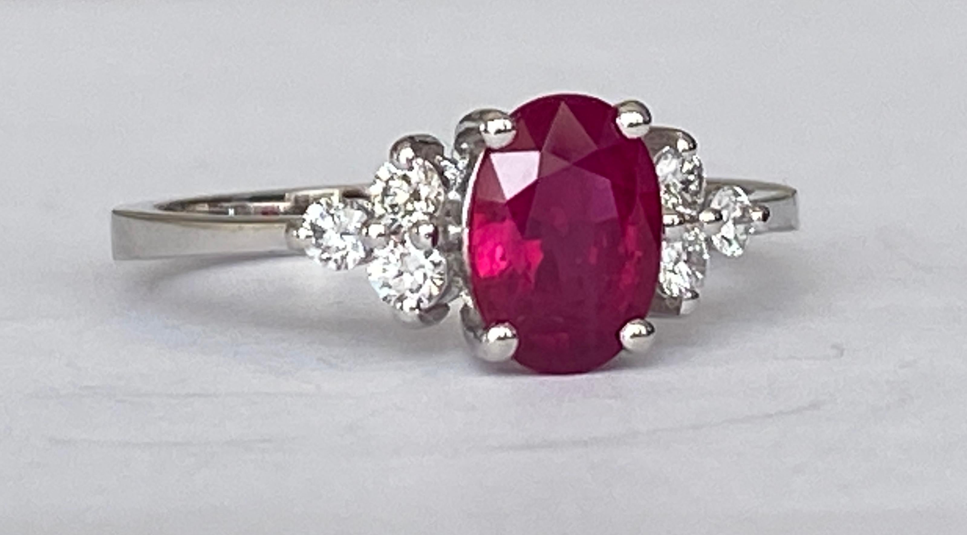 Offered beautiful ring in white gold, with a beautiful oval cut ruby 1.23 ct. Really beautiful stone! The stone is decorated with 6 pieces of brilliant cut diamonds, 0.20 ct in total, of quality F/G/VVS/VS. ALGT certificate for the ruby is included.