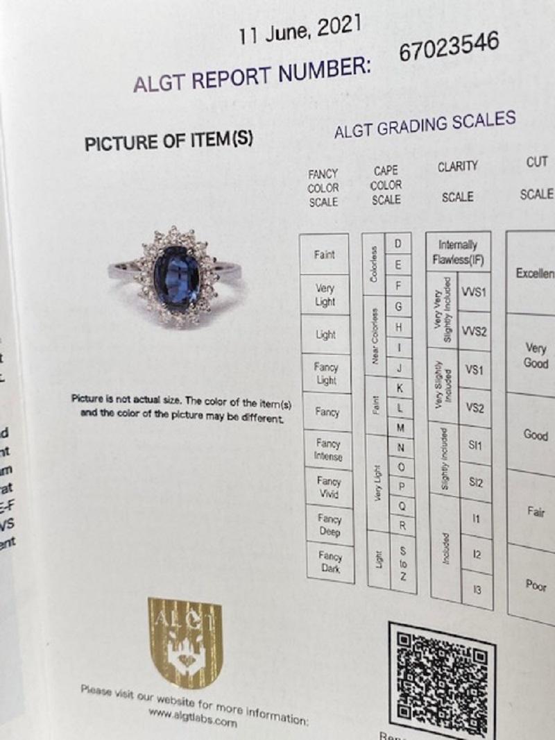 ALGT Certified 18 Kt. White Gold Ring with 1.65 Carat Sapphire and Diamonds For Sale 7