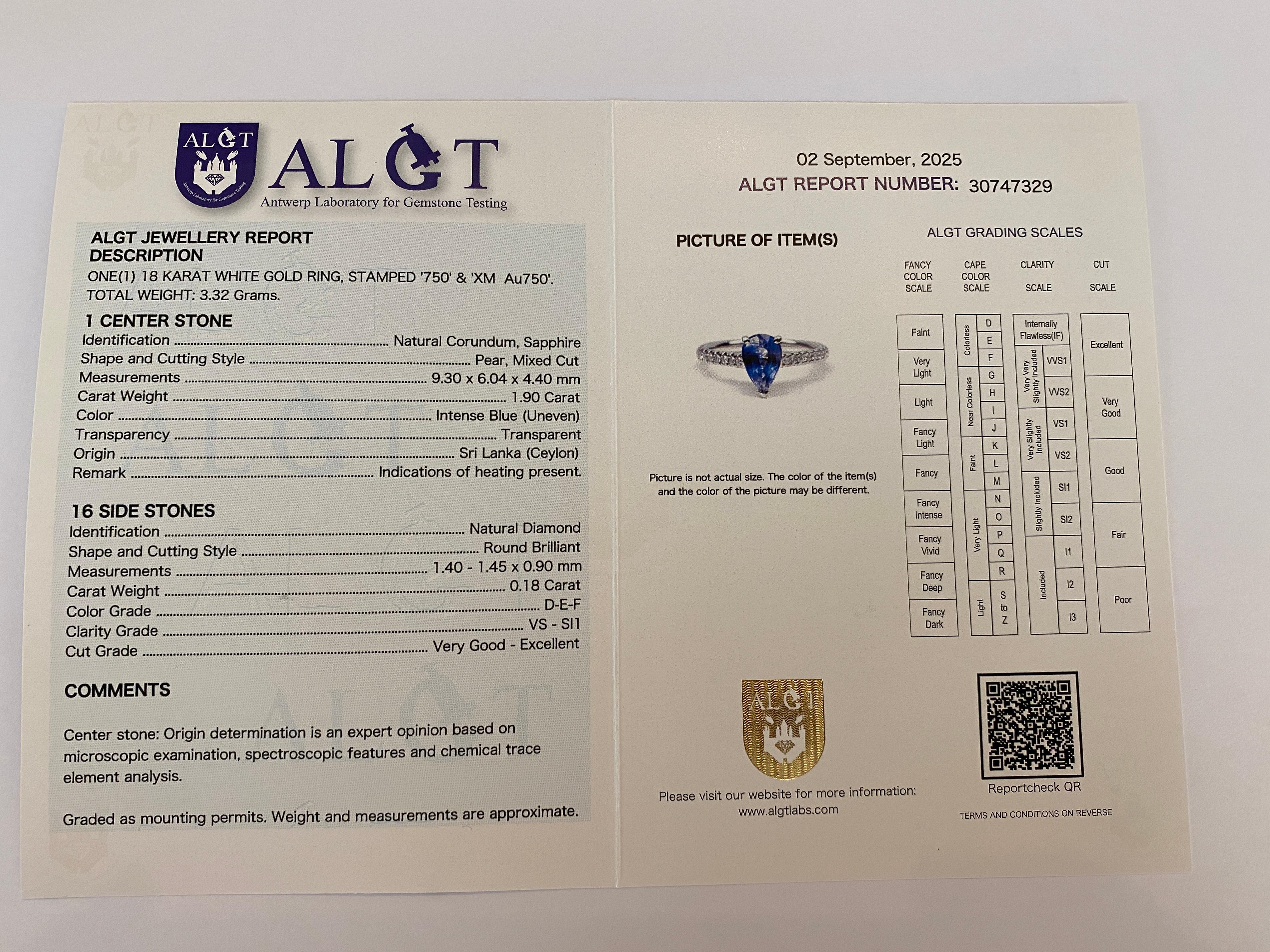 ALGT-zertifiziert 2,08 Karat Ceylon  Cocktailring mit Saphir und Diamant aus Weißgold im Angebot 10