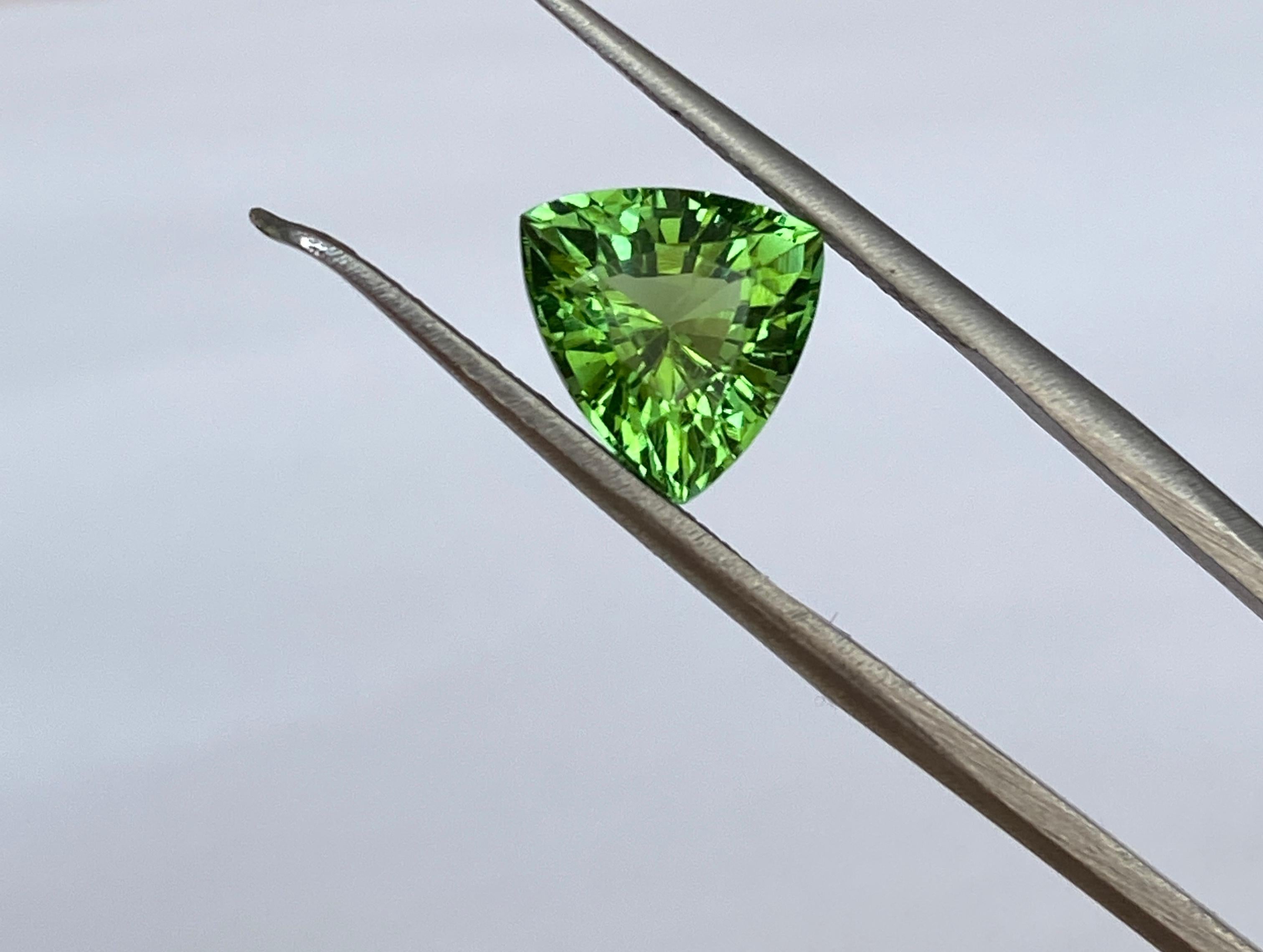 Offered beautiful 2.11 carat Vivid Green (Yellowish) tourmaline. ALGT certificate is available. 

Weight: 2.11 Carats
Shape: triangle mixed
Gem Dimensions: 9.21 x 8.32 x 5.17 mm
Color: Vivid Green (Yellowish)
Treatment: Untreated
Origin: Afghanistan
