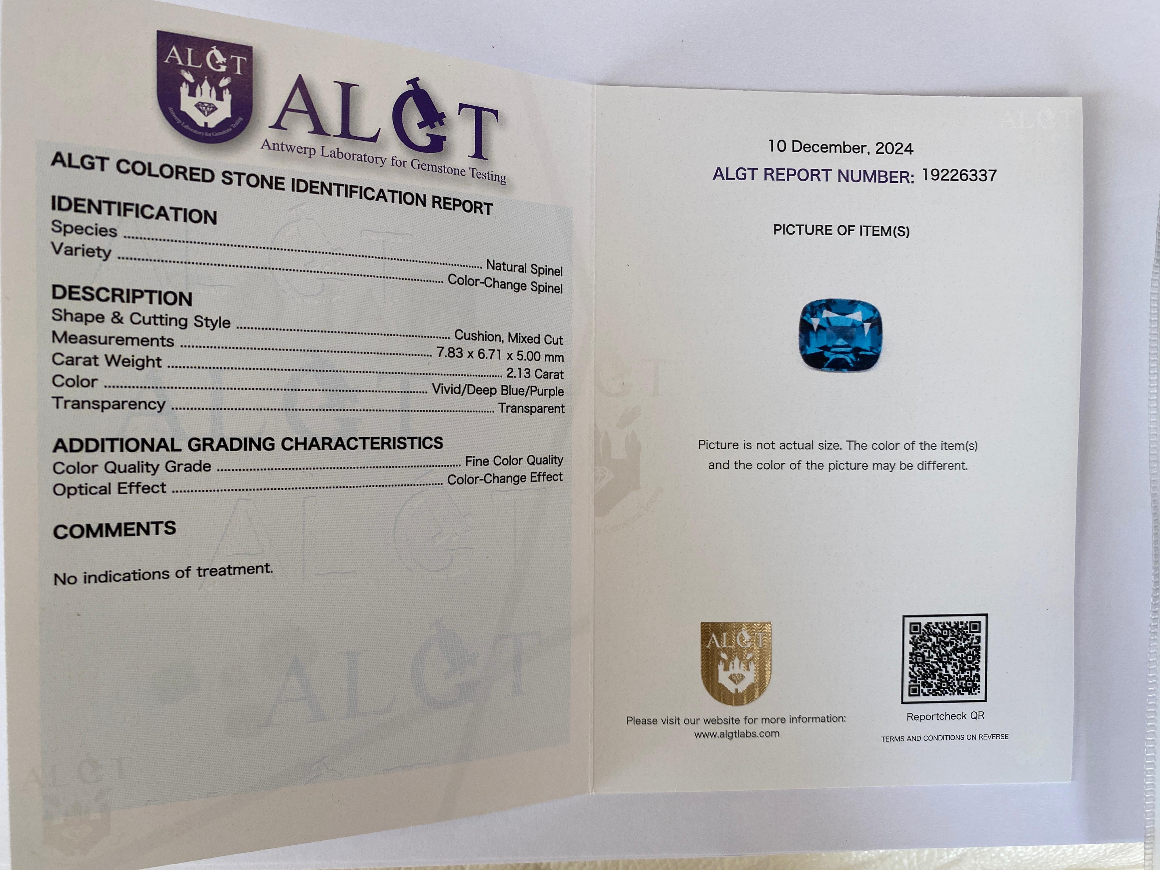ALGT Certified 2.13ct Natural color change Spinel and Diamonds 18 kt gold ring For Sale 11