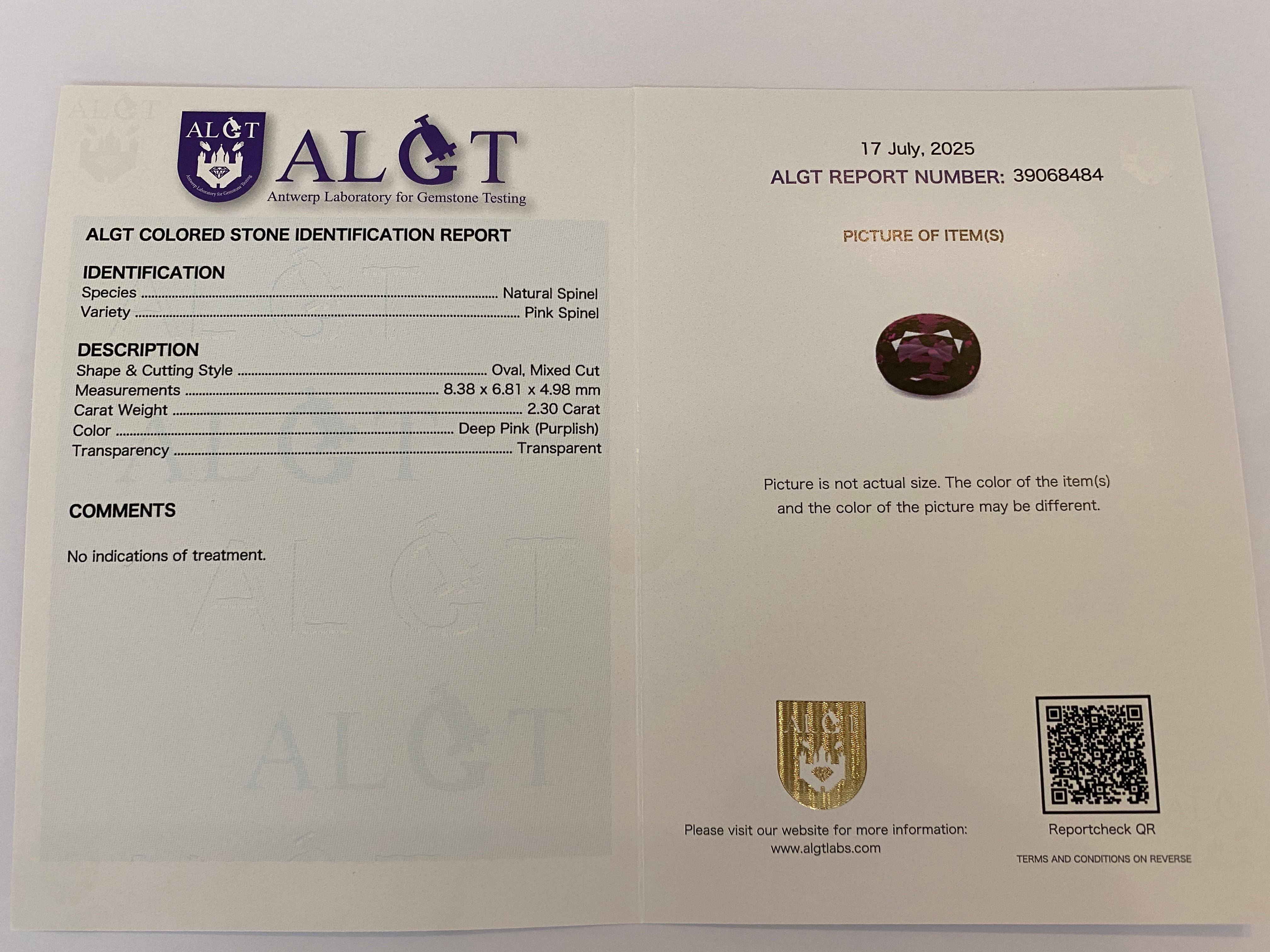 ALGT Certified 2.30 carat oval mixed cut Deep  Pink Spinel For Sale 4