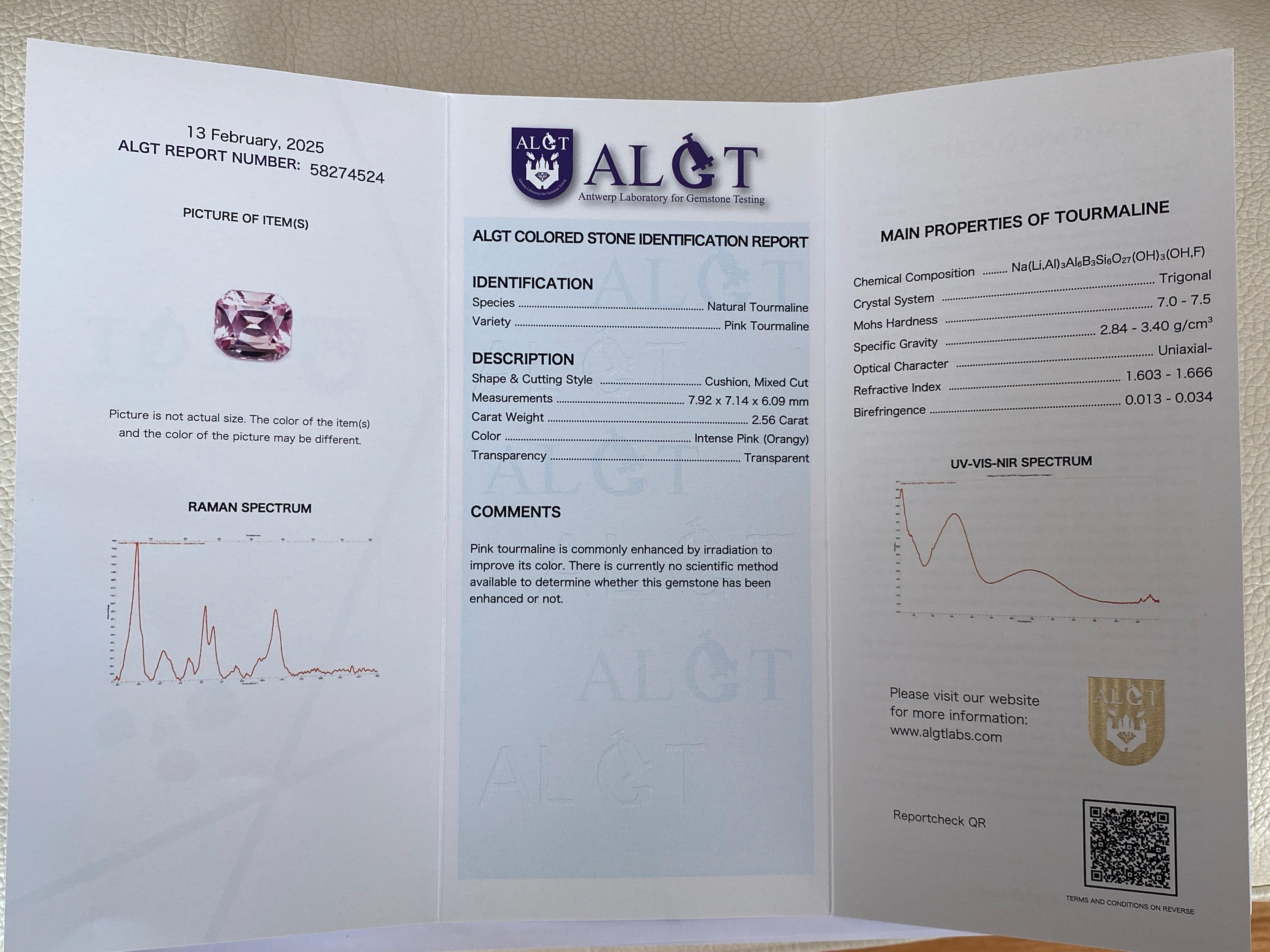 ALGT Certified 2.56 carat cushion mixed cut Intense Pink Tourmaline For Sale 3