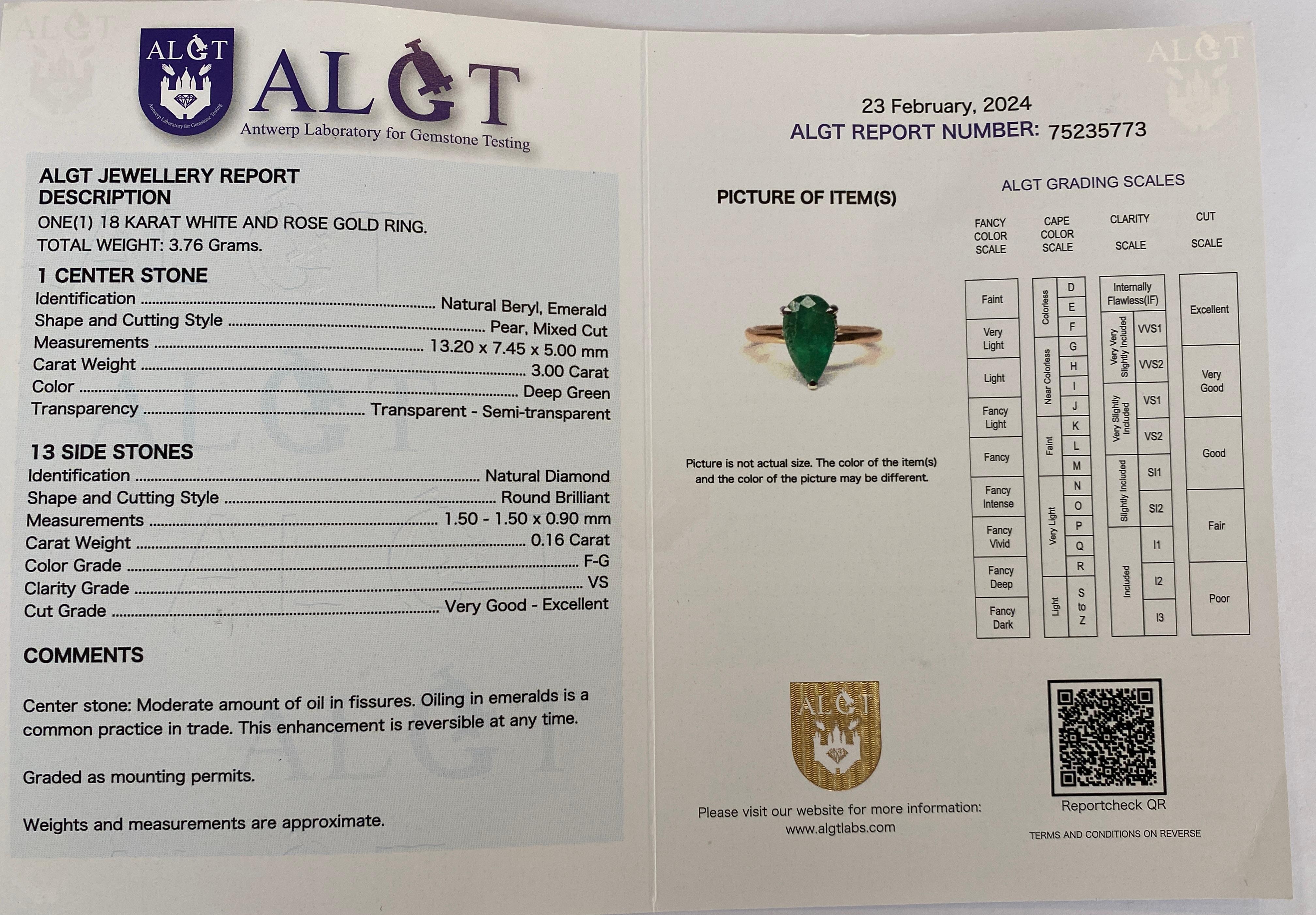 ALGT Certified 3.00 carat Emerald Diamond Cocktail Gold Ring 5