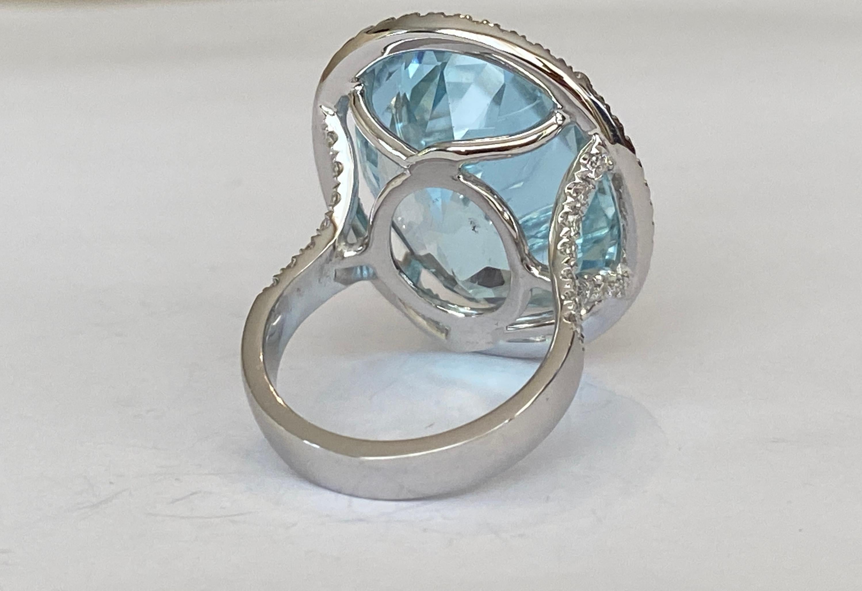 Women's ALGT Certified 34 Carat Sky Blue Topaz Whaite Gold  Diamond Cocktail Ring For Sale