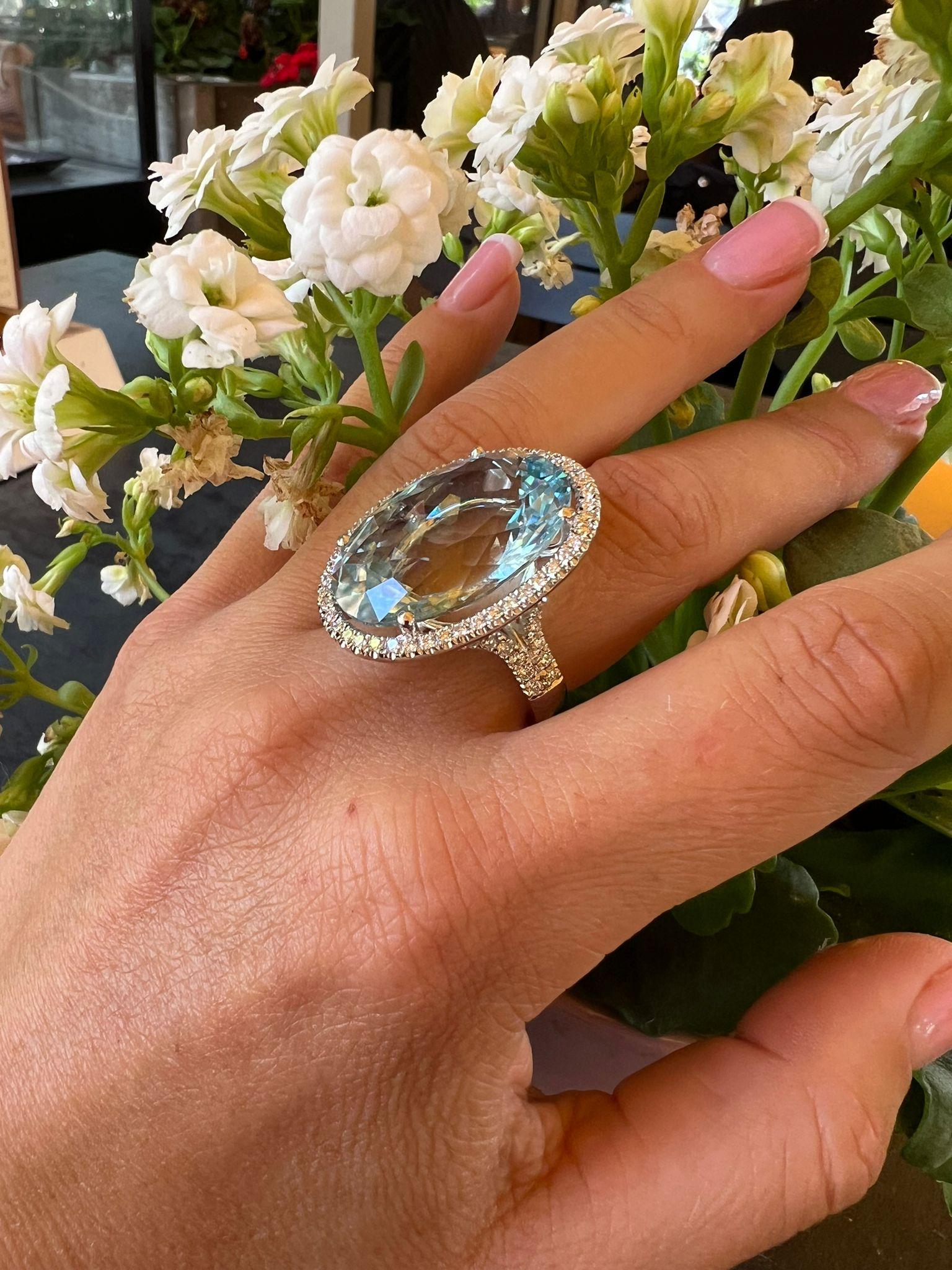 ALGT Certified 34 Carat Sky Blue Topaz Whaite Gold  Diamond Cocktail Ring For Sale 3