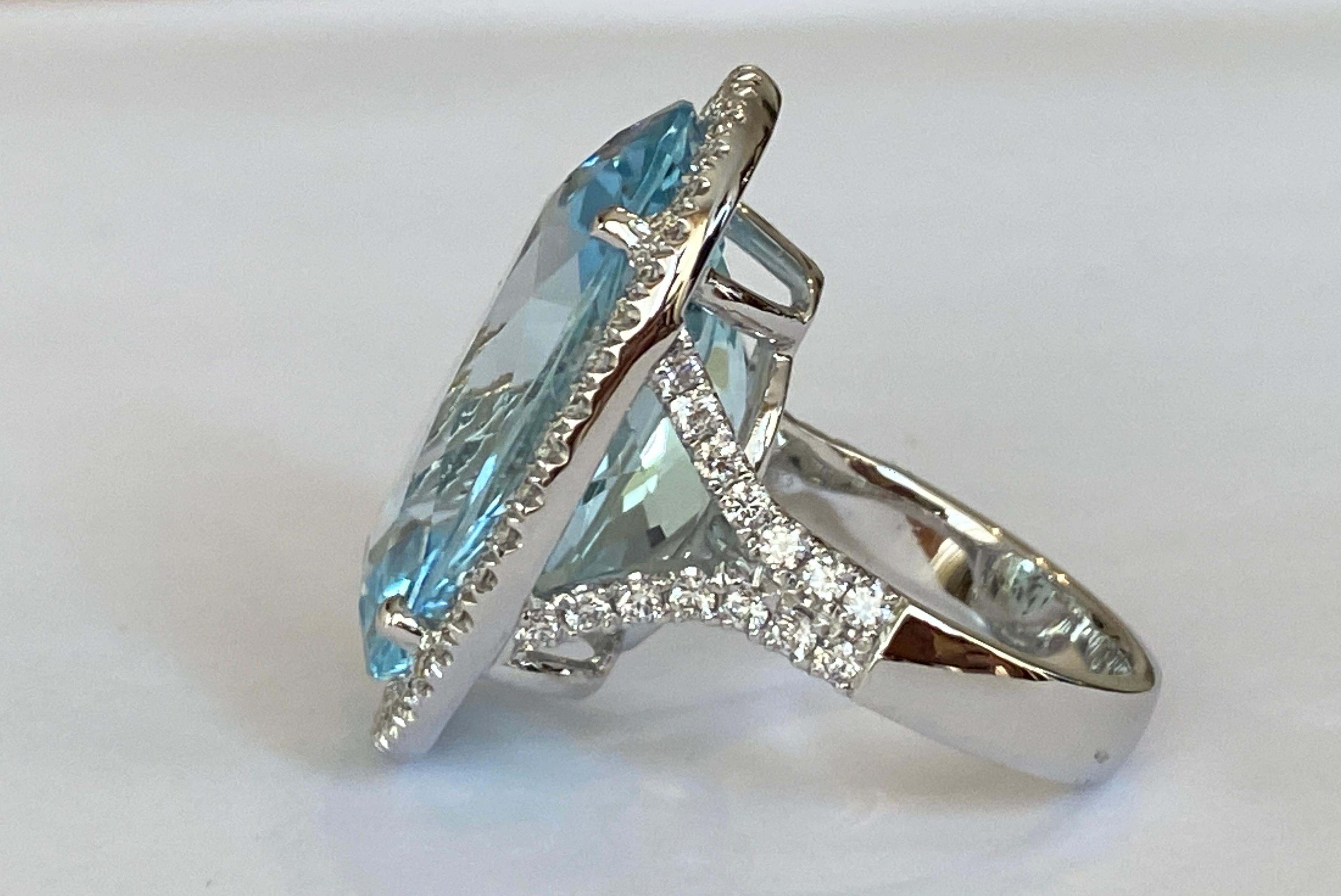 Contemporary ALGT Certified 34 Carat Sky Blue Topaz Whaite Gold  Diamond Cocktail Ring For Sale