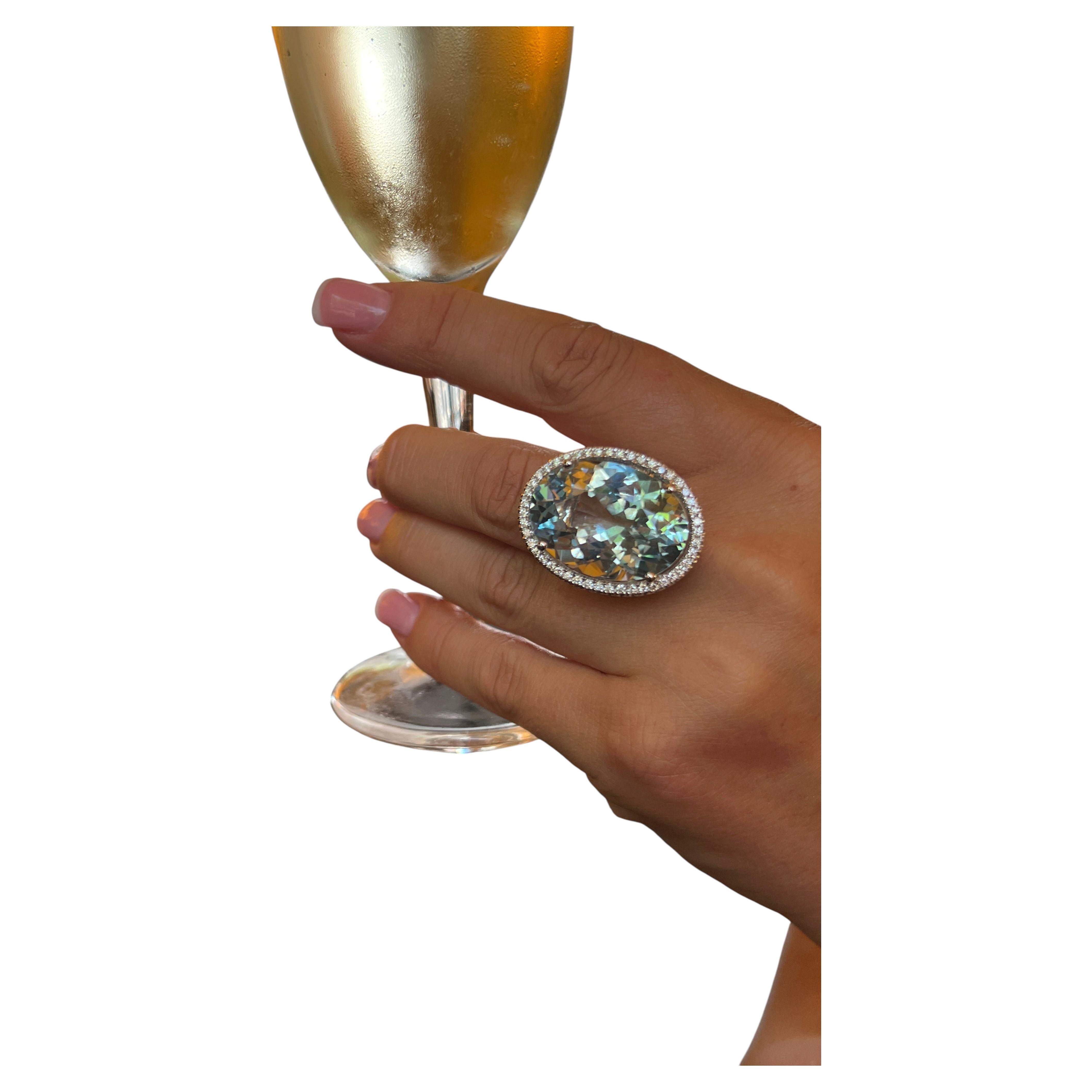 ALGT Certified 34 Carat Sky Blue Topaz White Gold Diamond Cocktail Ring For Sale