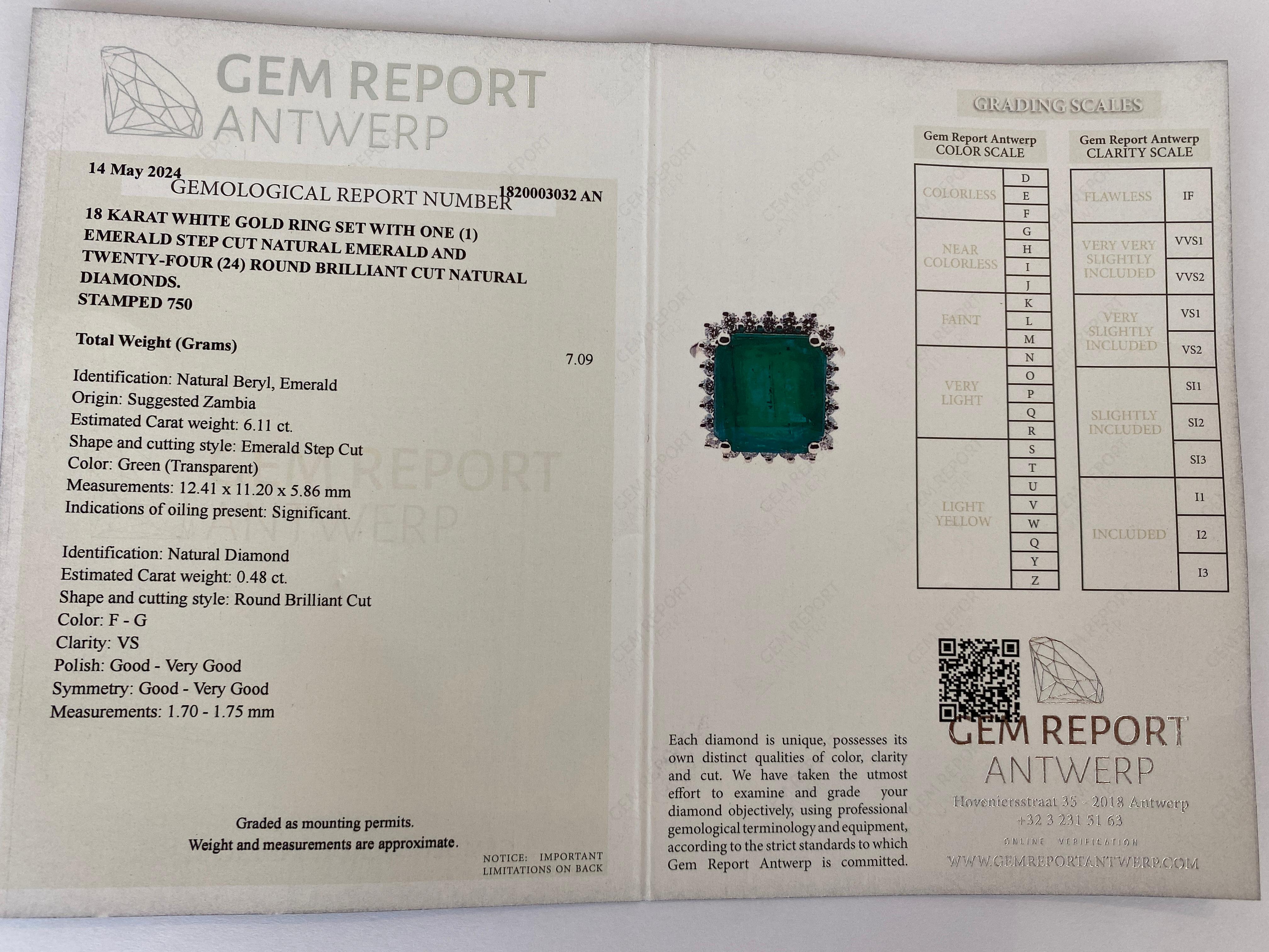 ALGT Certified 6.11 carat Emerald Diamond Cocktail White gold Ring For Sale 4