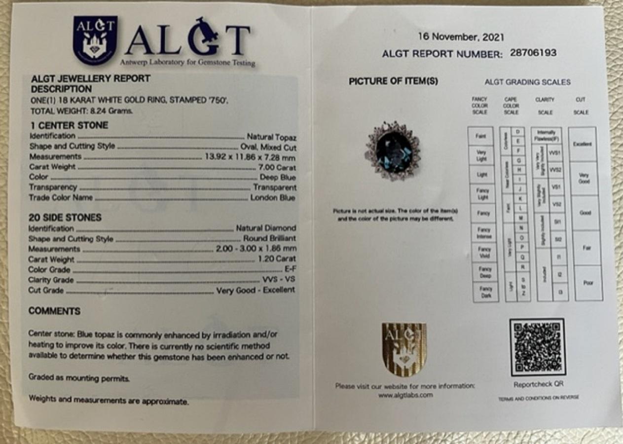 ALGT Certified .7.00 Carat London BlueTopaz Diamond Cocktail Ring For Sale 8
