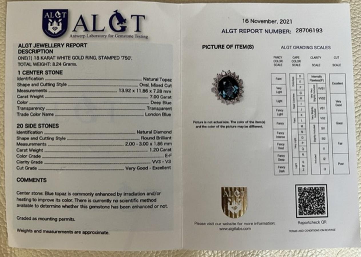 ALGT Certified .7.00 Carat London BlueTopaz Diamond Cocktail Ring For Sale 6