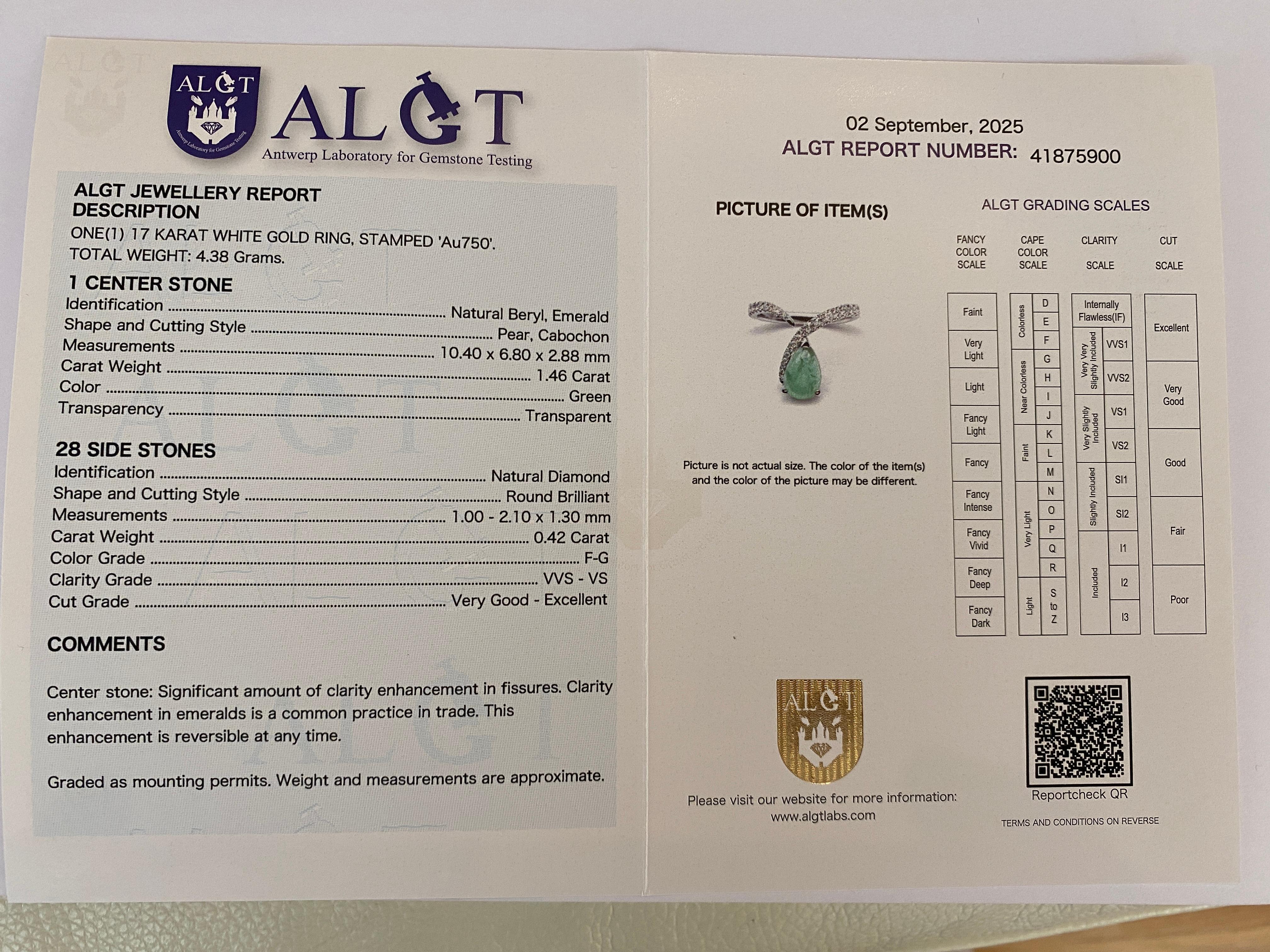 Émeraude de l'Oural certifiée ALGT Nature de 1,46 carat et  Diamant  Cocktail en or blanc en vente 5