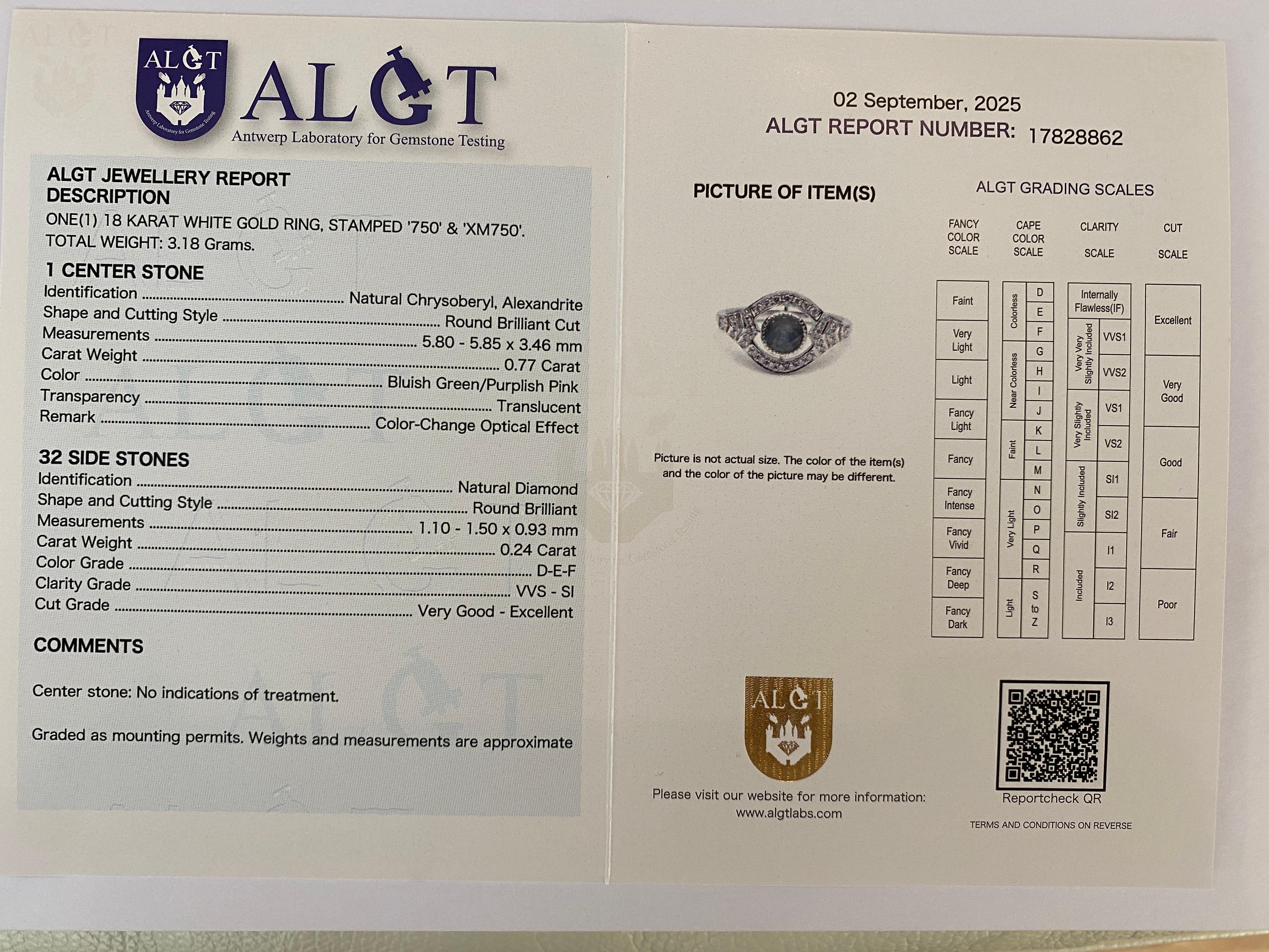 ALGT certificato Nature 3.32 Carati  Alessandrite e  Diamante  Oro bianco  Anello in vendita 7