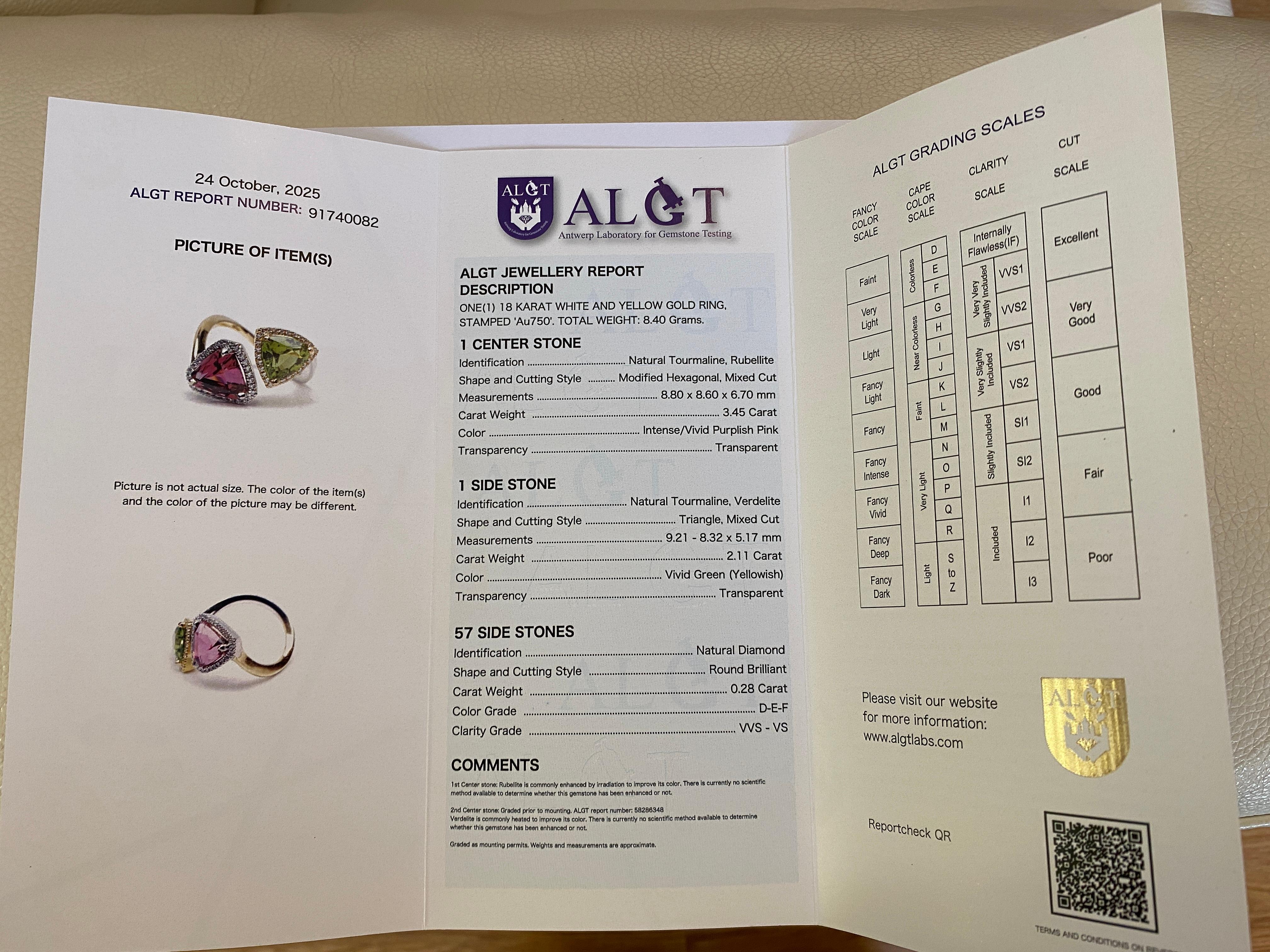 Anello da cocktail con tormaline e diamanti certificato ALGT Toi et Moi da 5,84 carati in vendita 3